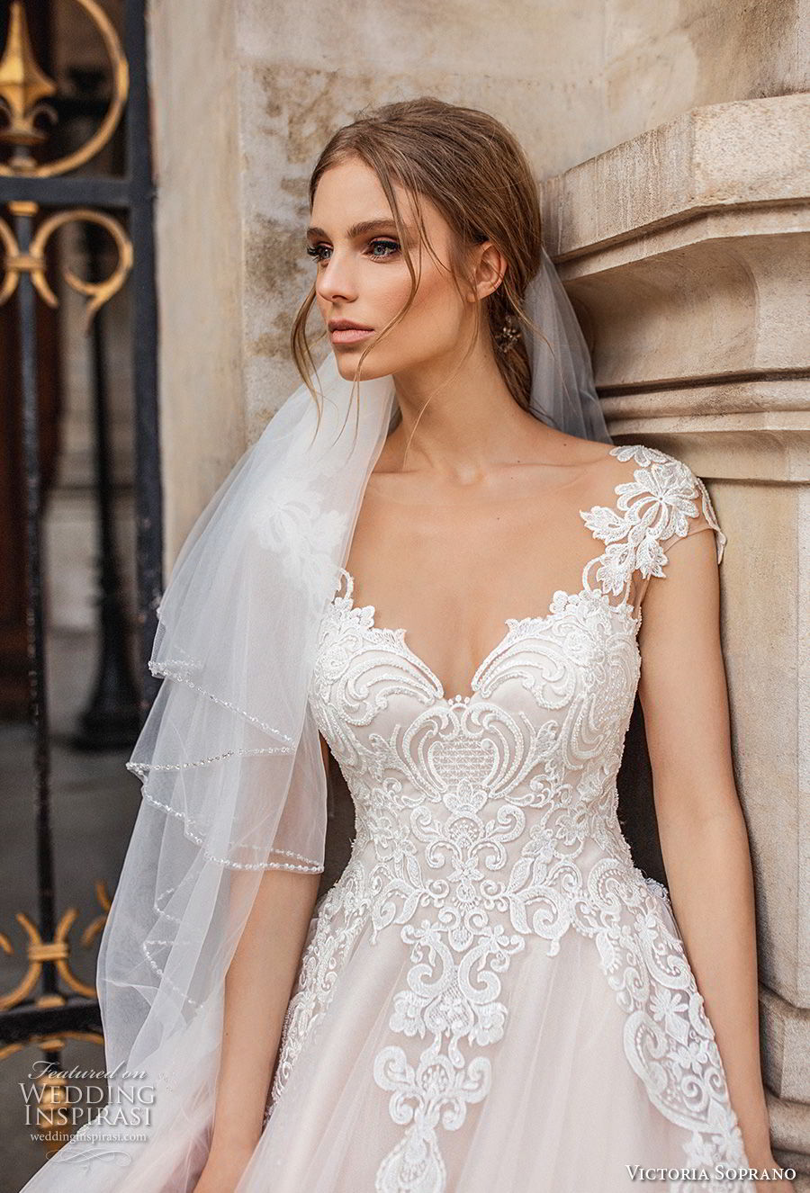 victoria soprano 2019 bridal cap sleeves v neck heavily embellished bodice romantic princess a  line wedding dress sheer button back chapel train (11) zv