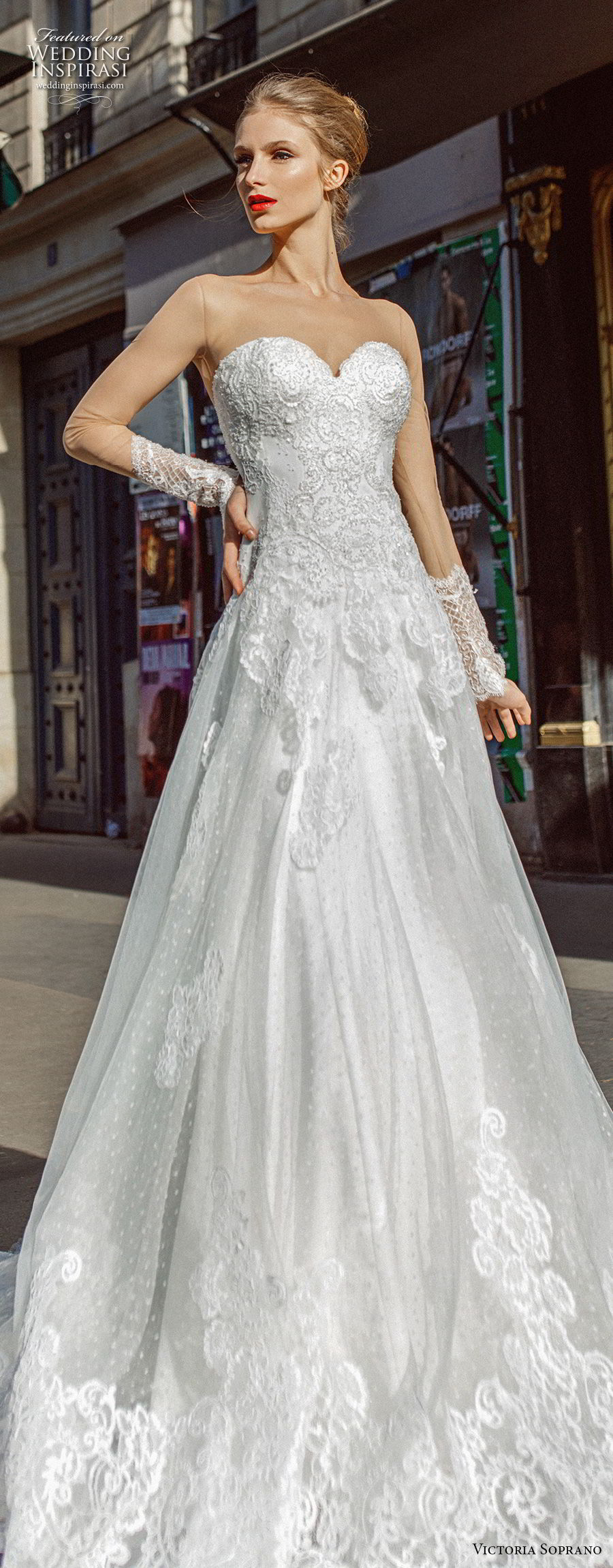 victoria soprano 2019 bridal long sleeves illusion bateau sweetheart neckline heavily embellished bodice princess a  line wedding dress lace back chapel train (3) lv