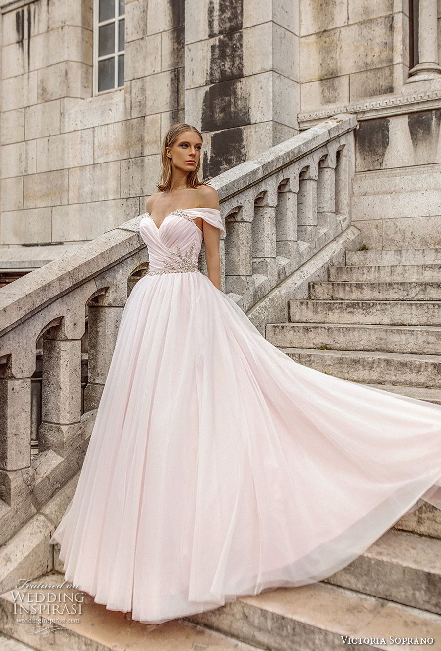 victoria soprano 2019 bridal off the shoulder sweetheart neckline ruched wrap over bodice romantic blush ball gown wedding dress chapel train (5) mv