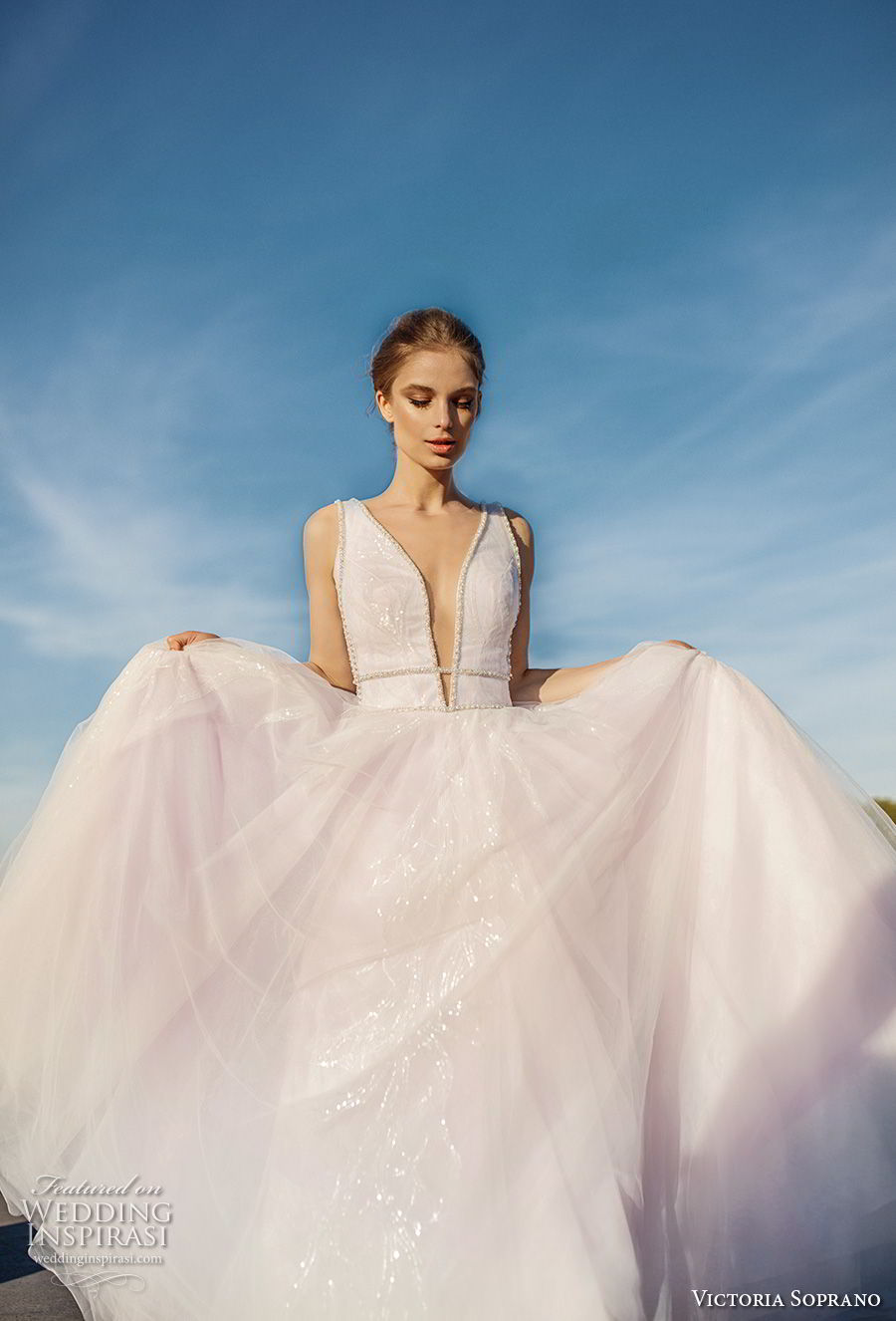 victoria soprano 2019 bridal sleeveless deep plunging v neck lightly embellished bodice tulle skirt romantic blush a  line wedding dress chapel train (10) mv