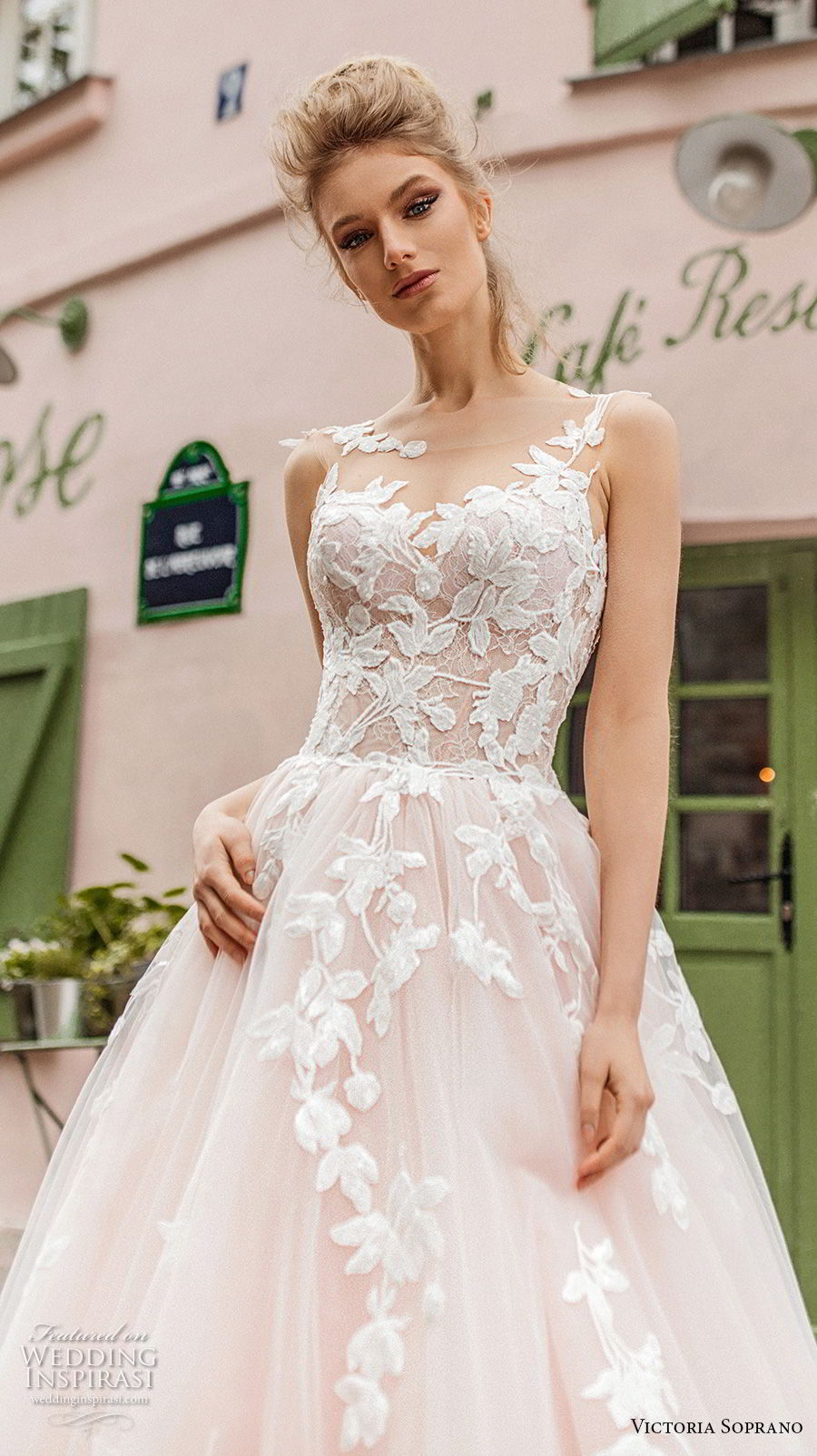 victoria soprano 2019 bridal sleeveless illusion bateau sweetheart neckline heavily embellished bodice romantic blush a  line wedding dress v back chapel train (2) zv