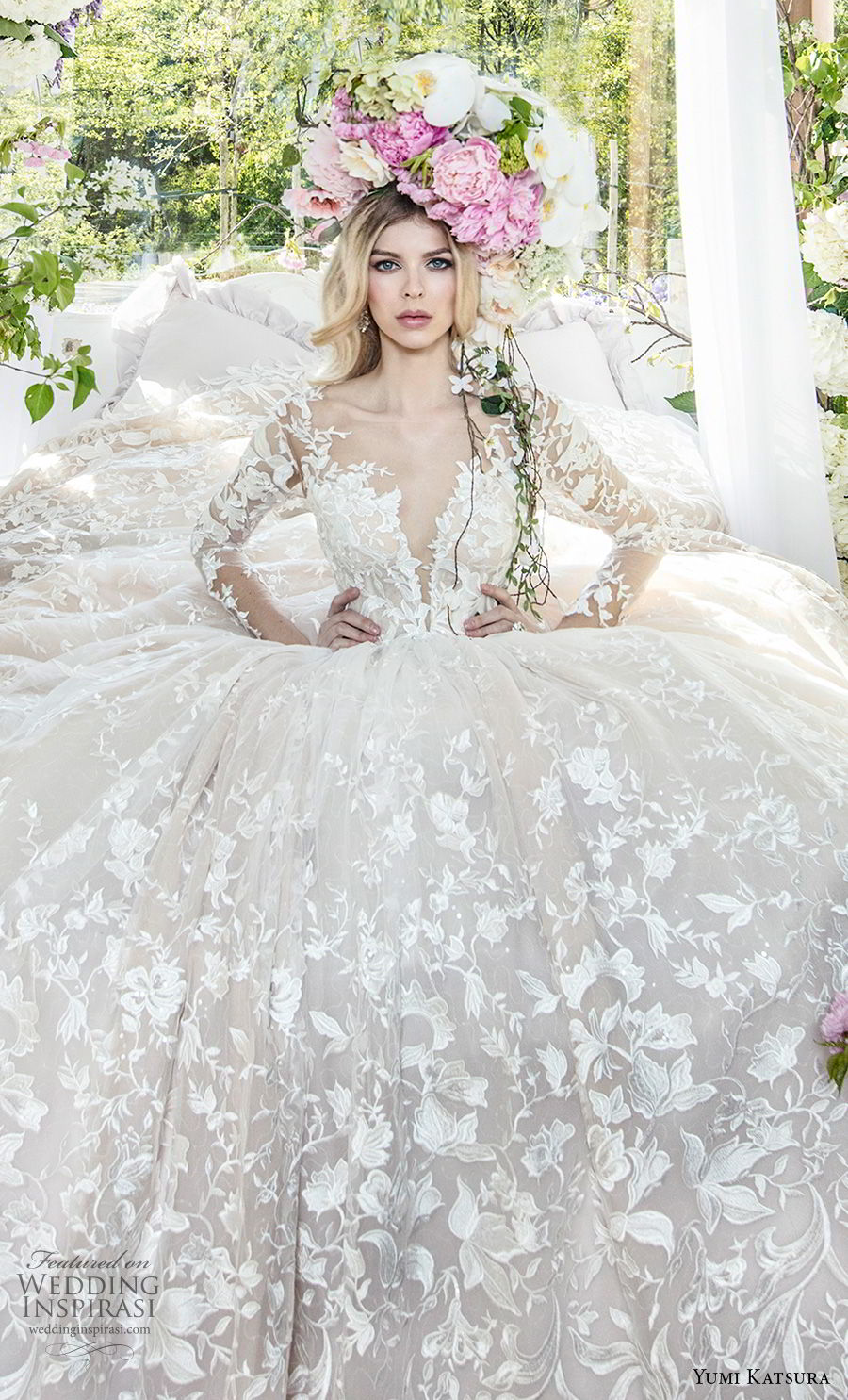 yumi katsura spring 2019 bridal long sleeves deep plunging sweetheart neckline full embellishment romantic princess ball gown a  line wedding dress chapel train (2) zv