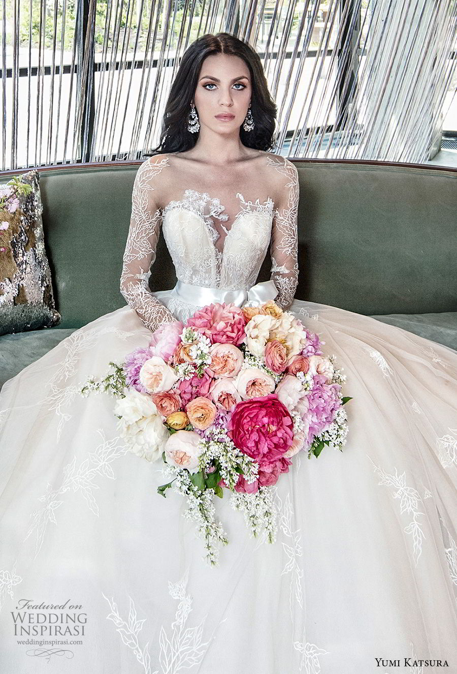 yumi katsura spring 2019 bridal long sleeves deep plunging sweetheart neckline heavily embellished bodice princess ball gown a  line wedding dress (6) zv