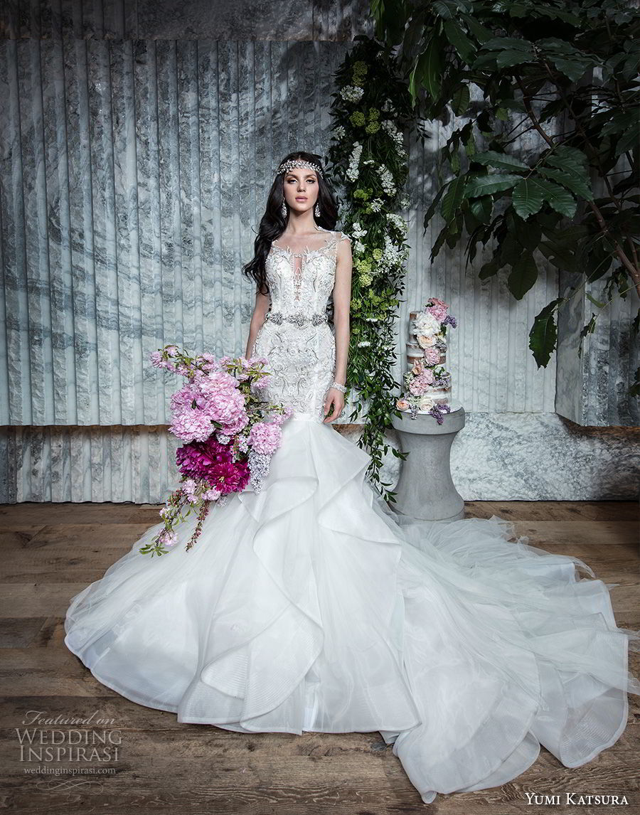 yumi katsura spring 2019 bridal sleeveless with strap deep plunging sweetheart neckline heavily embellished bodice tiered skirt glizty glamorous mermaid wedding dress chapel train (11) mv