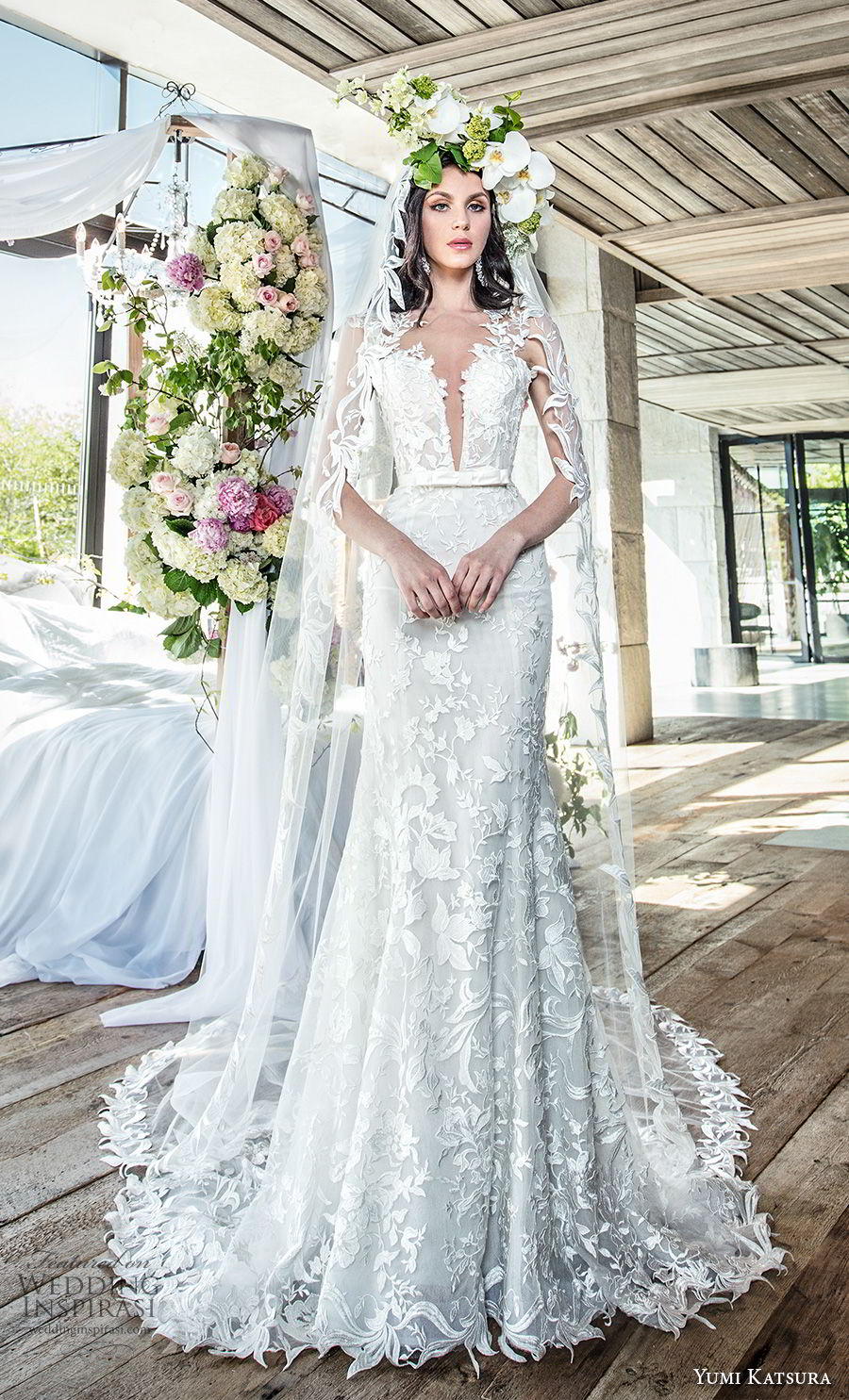 yumi katsura spring 2019 bridal sleevless thick lace strap deep plunging sweetheart neckline full embellishment elegant sexy trumpet wedding dress chapel train (3) mv