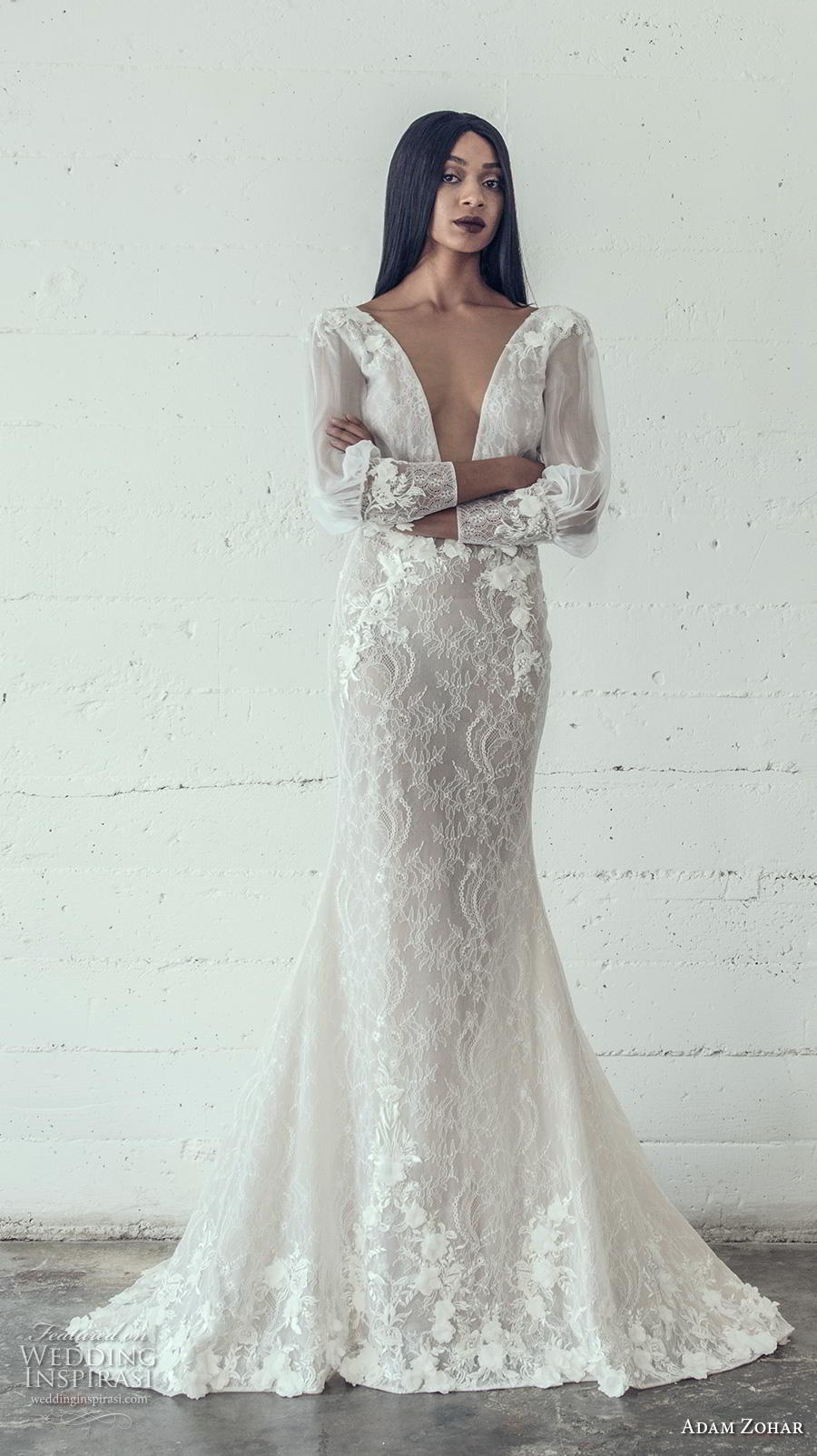 adam zohar 2019 bridal long bishop sleeves deep v neck full embellishment sexy elegant trumpet wedding dress open v back sweep train (11) mv