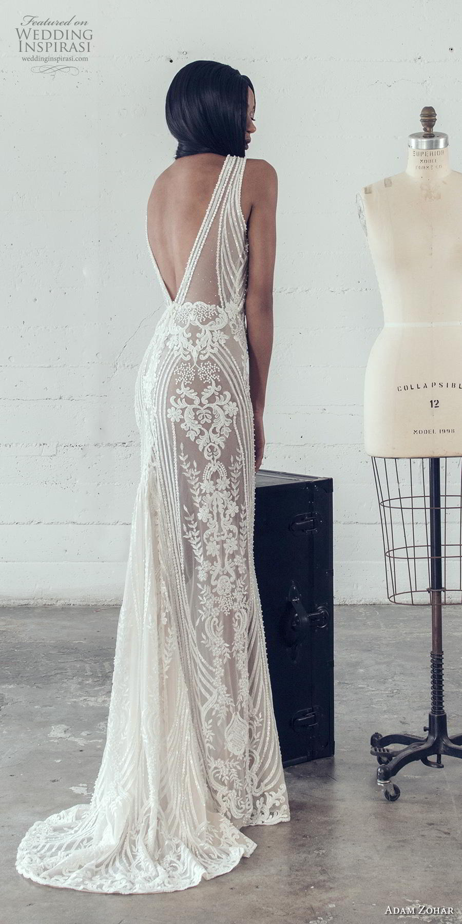 adam zohar 2019 bridal sleeveless deep v neck full embellishment sexy glamorous sheath fit and flare wedding dress backless v back sweep train (13) bv