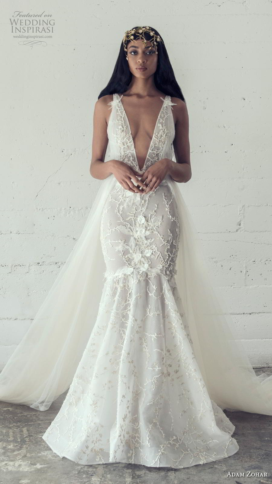 adam zohar 2019 bridal sleeveless deep v neck full embellishment sexy romantic mermaid wedding dress backless v back chapel train (5) mv