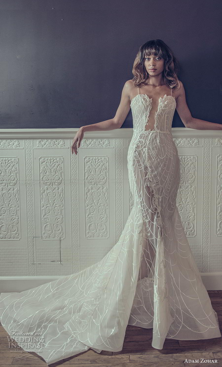 adam zohar 2019 bridal spaghetti strap deep plunging sweetheart neckline full embellishment sexy glamorous fit and flare wedding dress chapel train (3) mv