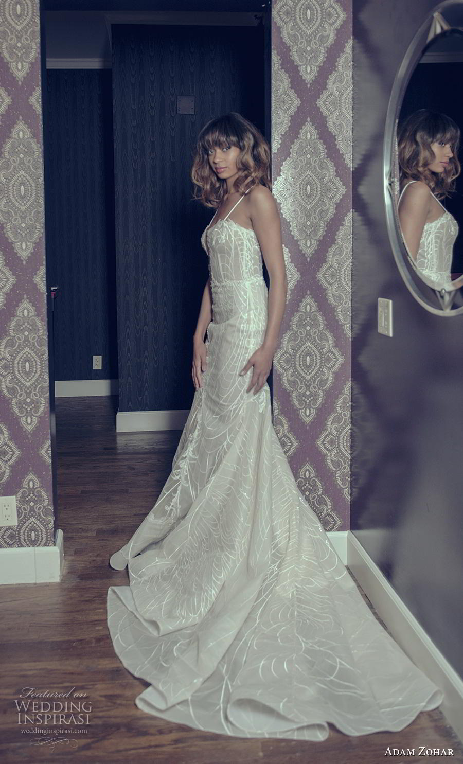 adam zohar 2019 bridal spaghetti strap deep plunging sweetheart neckline full embellishment sexy glamorous fit and flare wedding dress chapel train (3) sdv