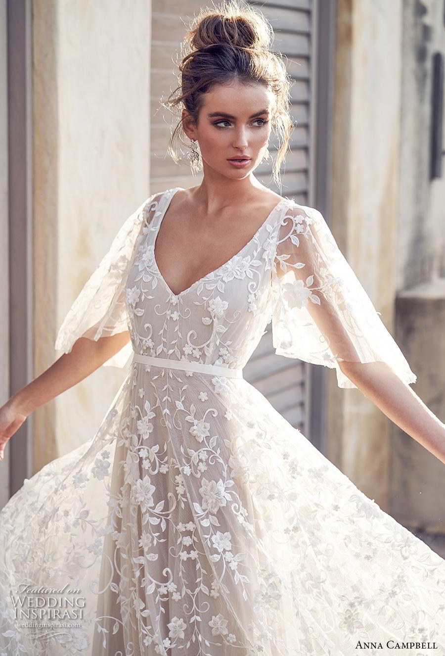 anna campbell 2019 bridal half handkerchief sleeves v neck full embellishment romantic pretty soft a  line wedding dress blackess open back sweep train (1) zv