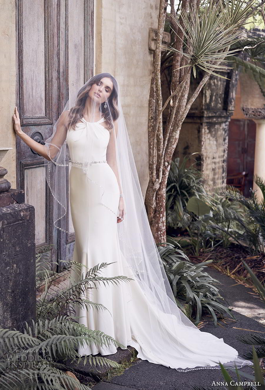 anna campbell 2019 bridal sleeveless halter neck simple embellished waist minimalist elegant fit and flare sheath wedding dress open low back chapel train (12) mv anna campbell 2019 bridal sleeveless halter neck simple embellished waist minimalist elegant fit and flare sheath wedding dress open low back chapel train (12) mv
