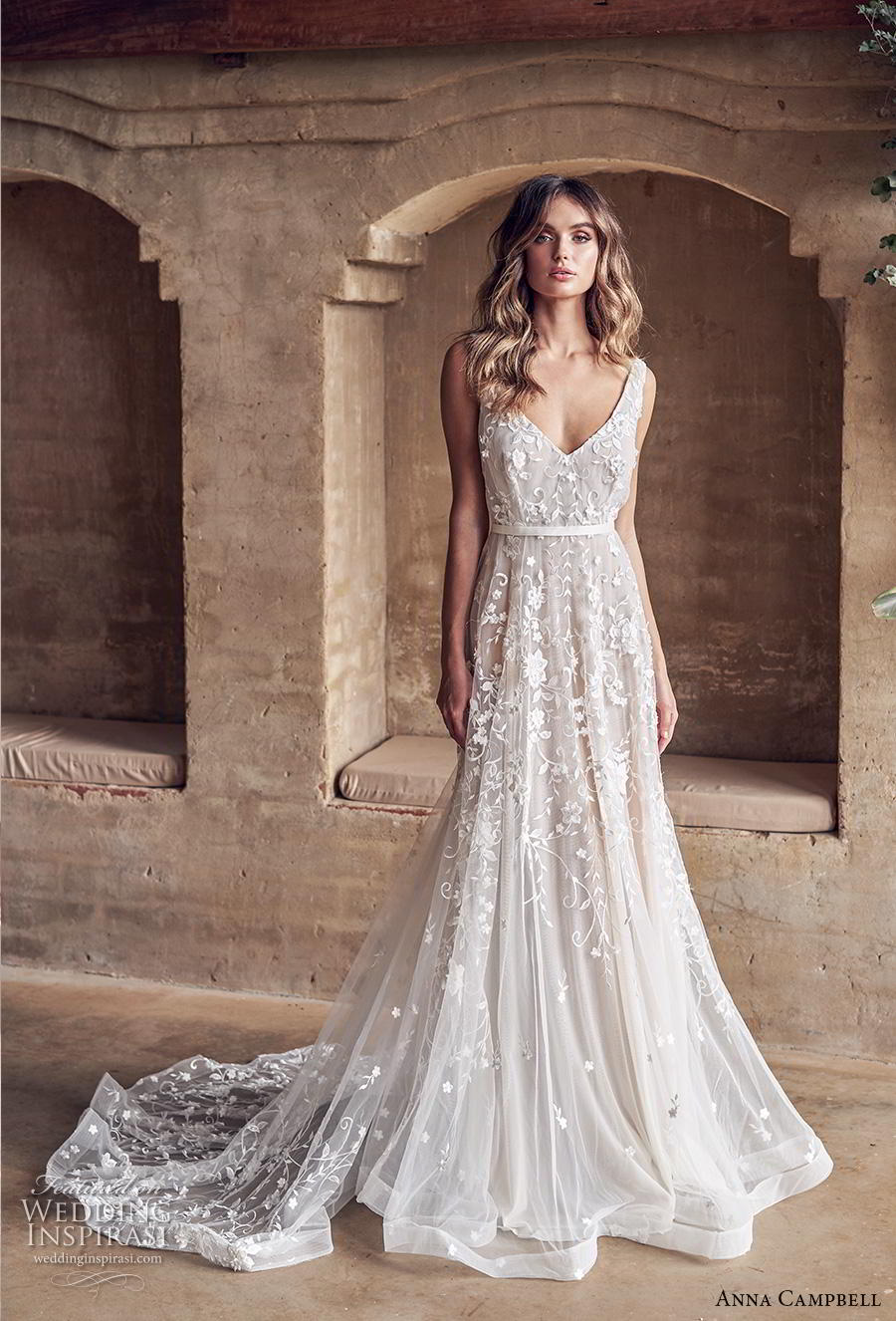 anna campbell 2019 bridal sleeveless v neck full embellishment romantic pretty modified a  line wedding dress backless v back medium train (2) mv