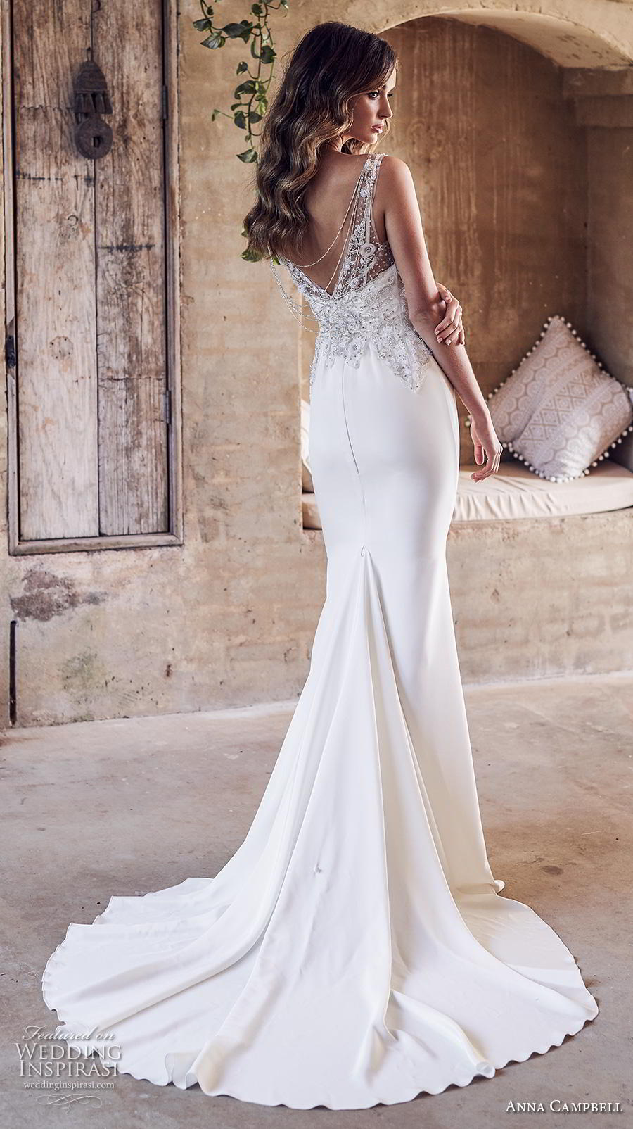 anna campbell 2019 bridal sleeveless v neck heavily embellished bodice elegant sheath fit and flare wedding dress v back medium train (16) bv