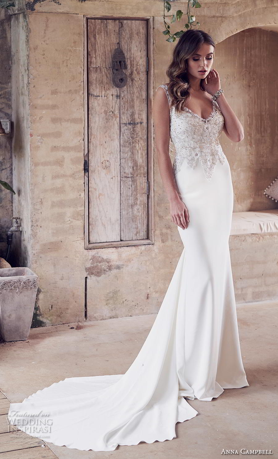 anna campbell 2019 bridal sleeveless v neck heavily embellished bodice elegant sheath fit and flare wedding dress v back medium train (16) mv