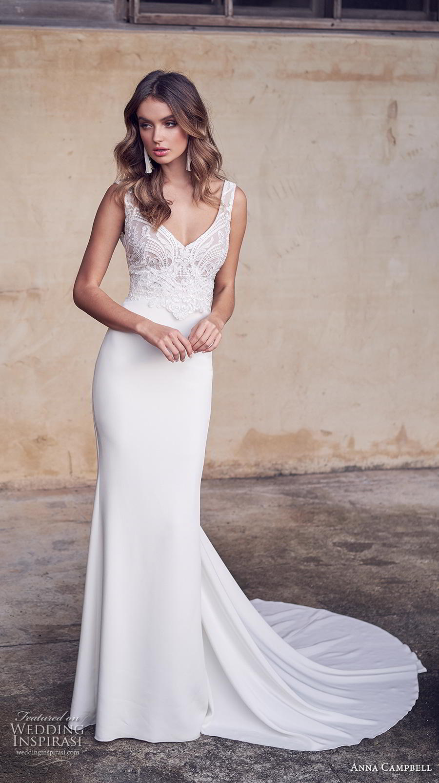 anna campbell 2019 bridal sleeveless with strap v neck heavily embellished bodice elegant sheath wedding dress backless scoop back medium train (15) mv