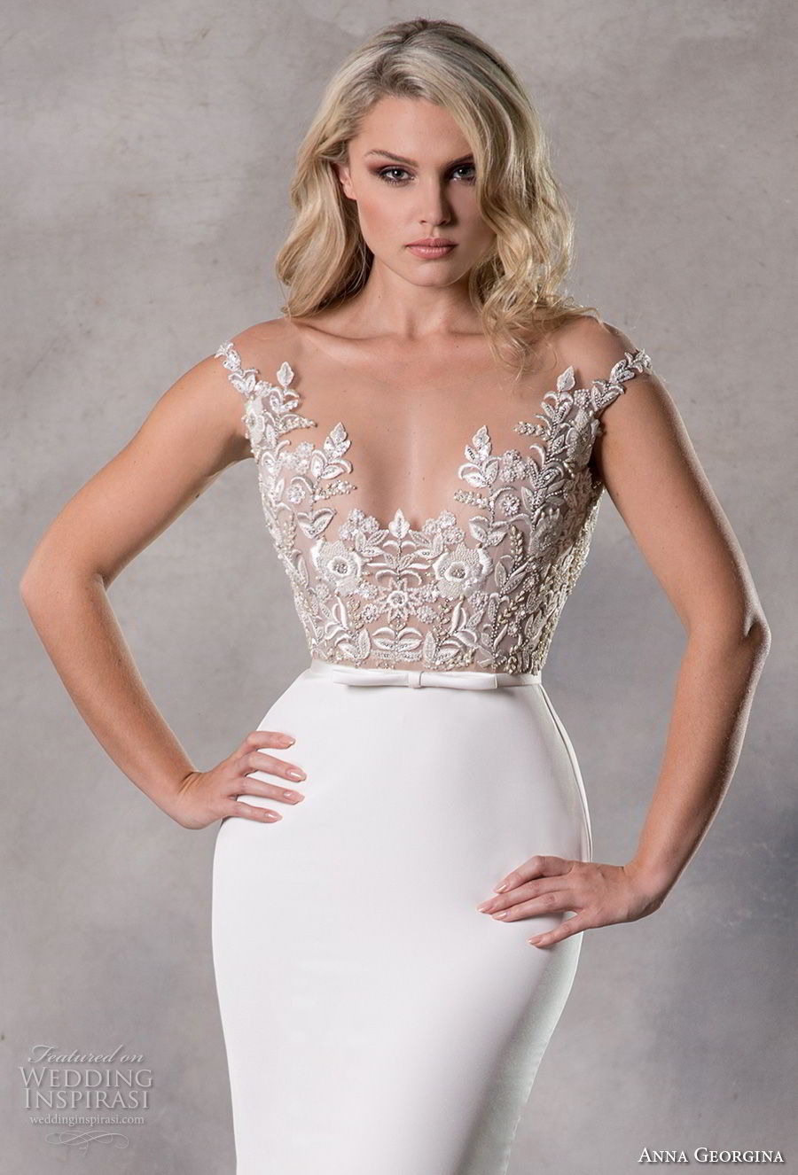 anna georgina 2019 couture cap sleeves scoop neckline heavily embellished bodice satin skirt elegant sheath wedding dress sheer button back sweep train (4) zv