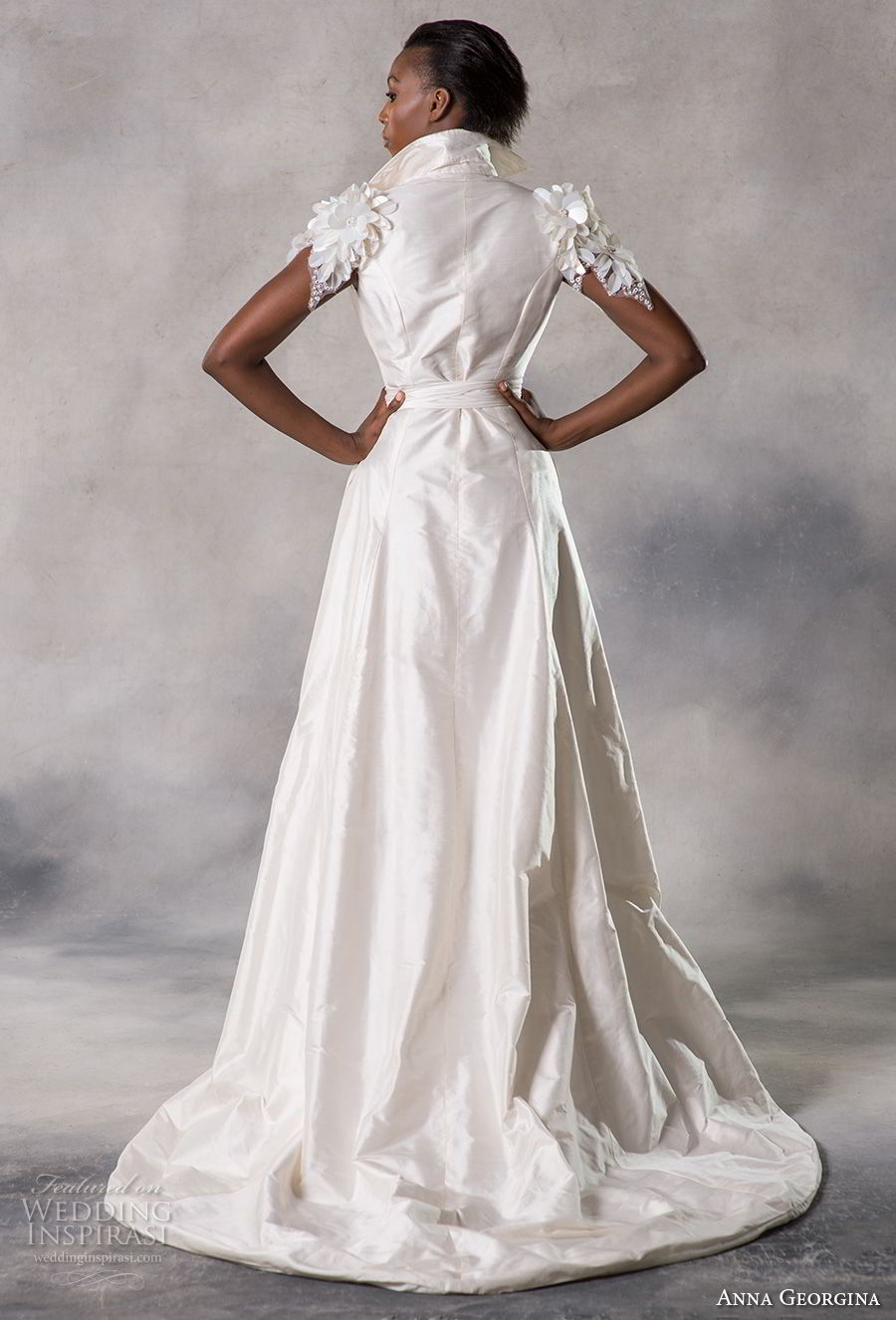 anna georgina 2019 couture short sleeves flipped up collar v neck simple clean sophiscated modern a  line wedding dress medium train (8) bv