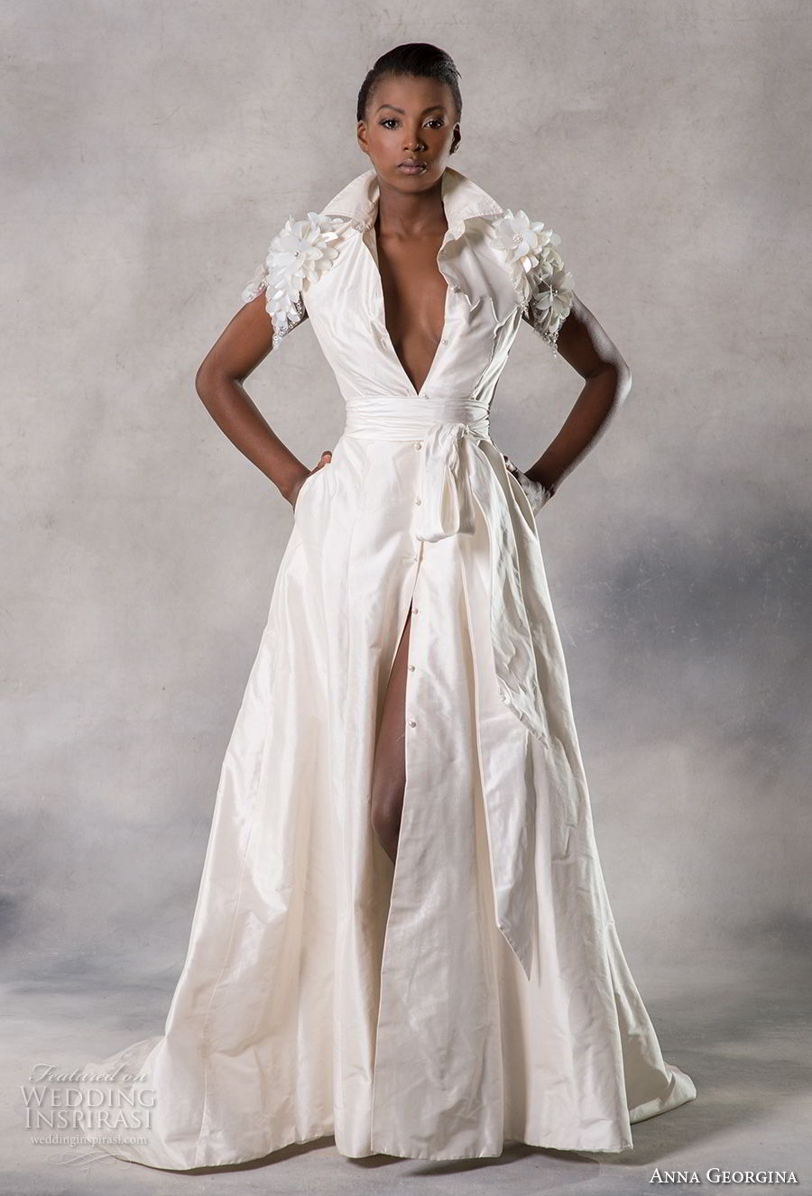 anna georgina 2019 couture short sleeves flipped up collar v neck simple clean sophiscated modern a  line wedding dress medium train (8) mv