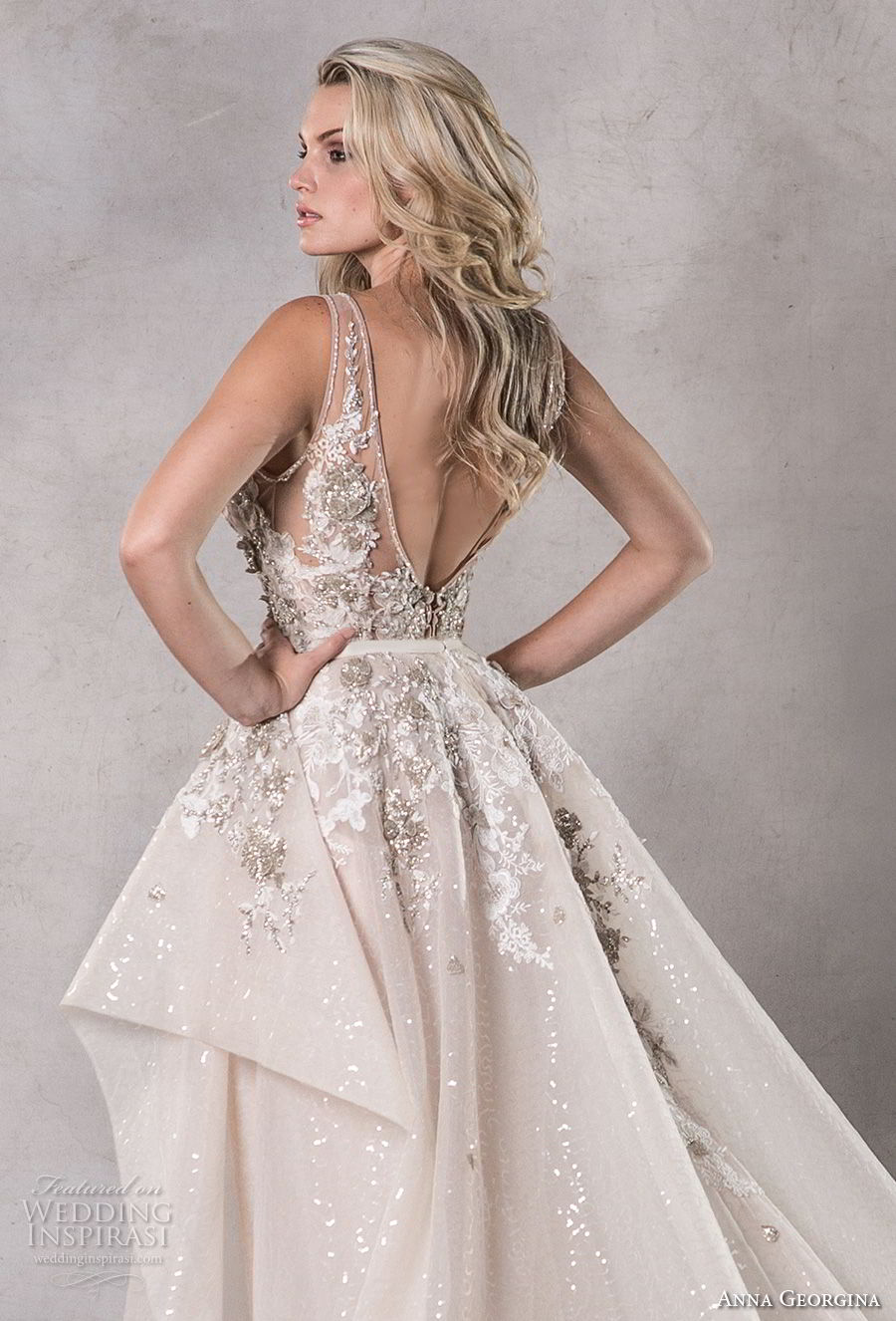 anna georgina 2019 couture sleeveless deep v neck heavily embellished bodice elegant glitzy sheath wedding dress a  line overskirt backless v back chapel train (3) zbv