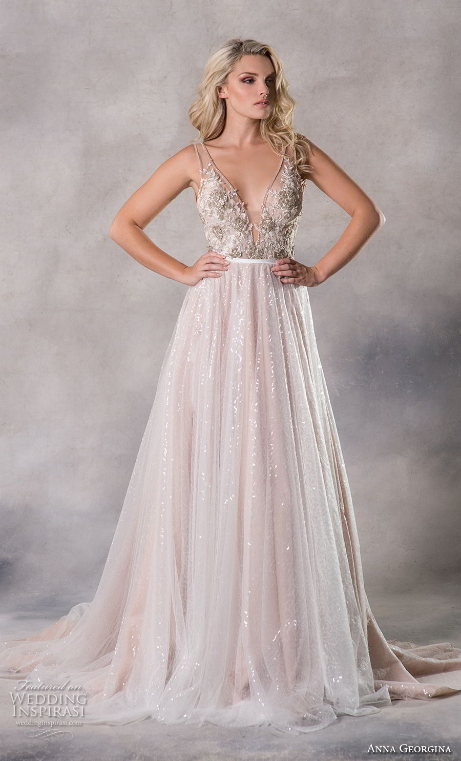 anna georgina 2019 couture sleeveless deep v neck heavily embellished bodice glizty glamorous blush a  line wedding dress backless v back chapel train (10) mv