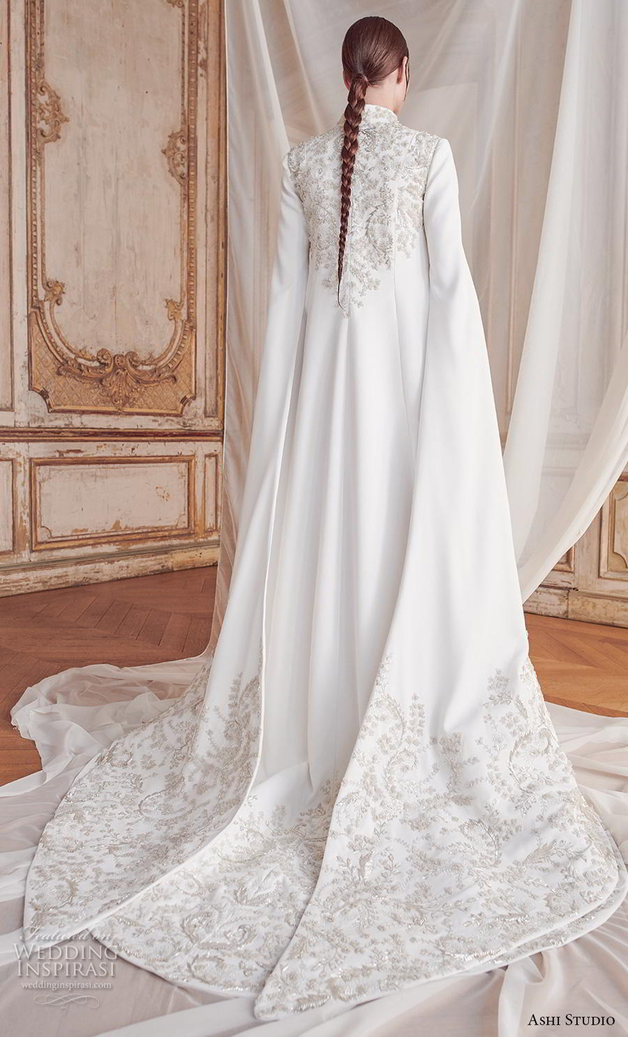 ashi studio fall winter 2019 bridal long hanging sleeves high neck full embellishement glamorous modern princess a  line wedding dress chapel train (4) bv