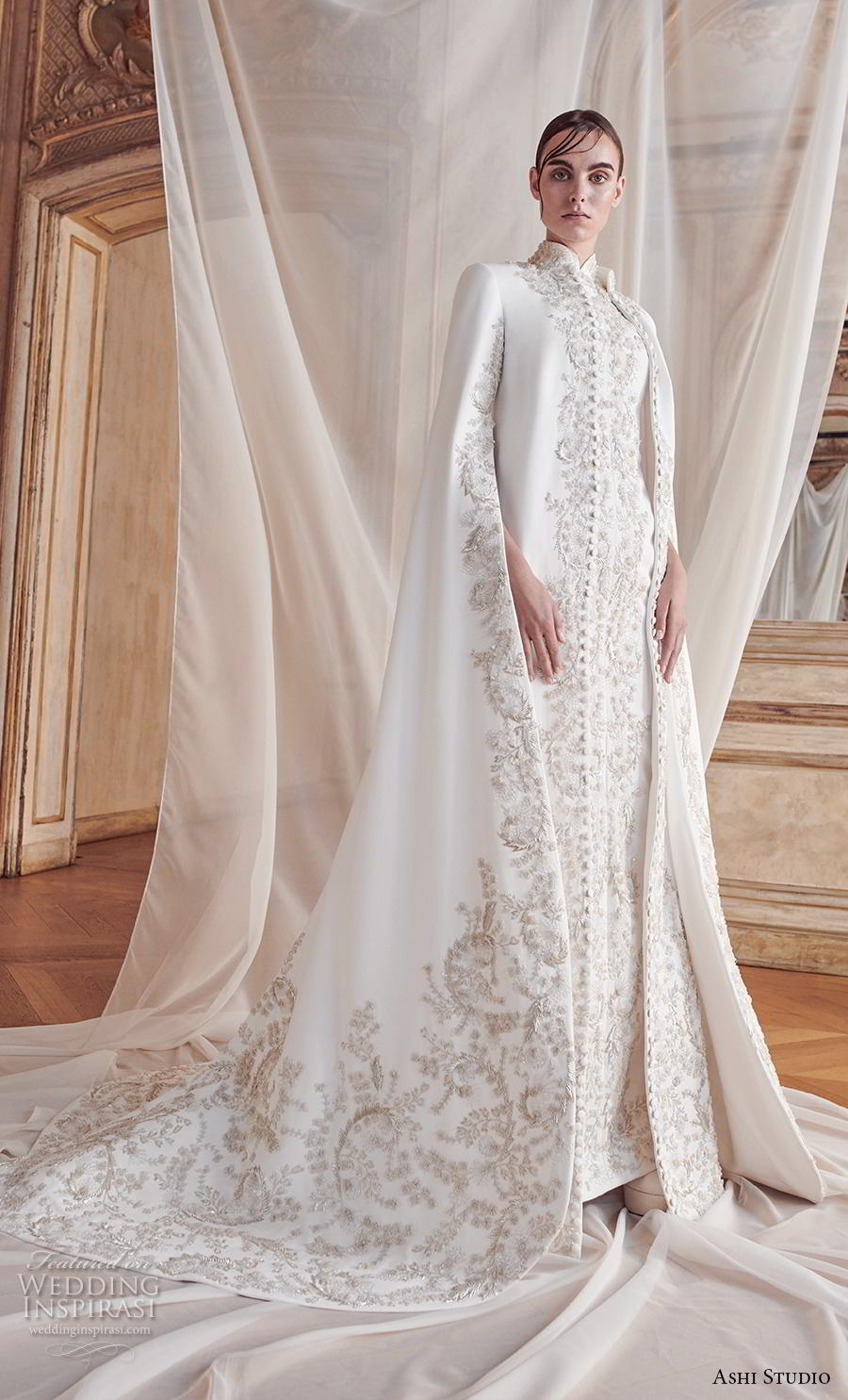 ashi studio fall winter 2019 bridal long hanging sleeves high neck full embellishement glamorous modern princess a  line wedding dress chapel train (4) mv