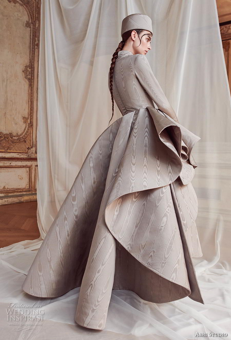 ashi studio fall winter 2019 bridal long sleeves high neck clean bodice peplum tiered skirt modern grey ball gown a  line wedding dress sweep train (13) bv