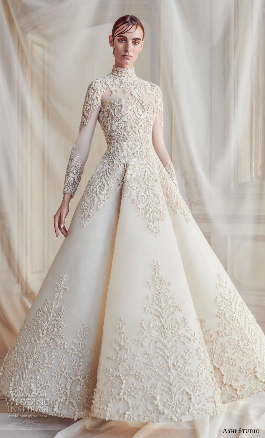 ashi studio fall winter 2019 bridal long sleeves high neck full embellishment glamorous a  line wedding dress sweep train (1) mv