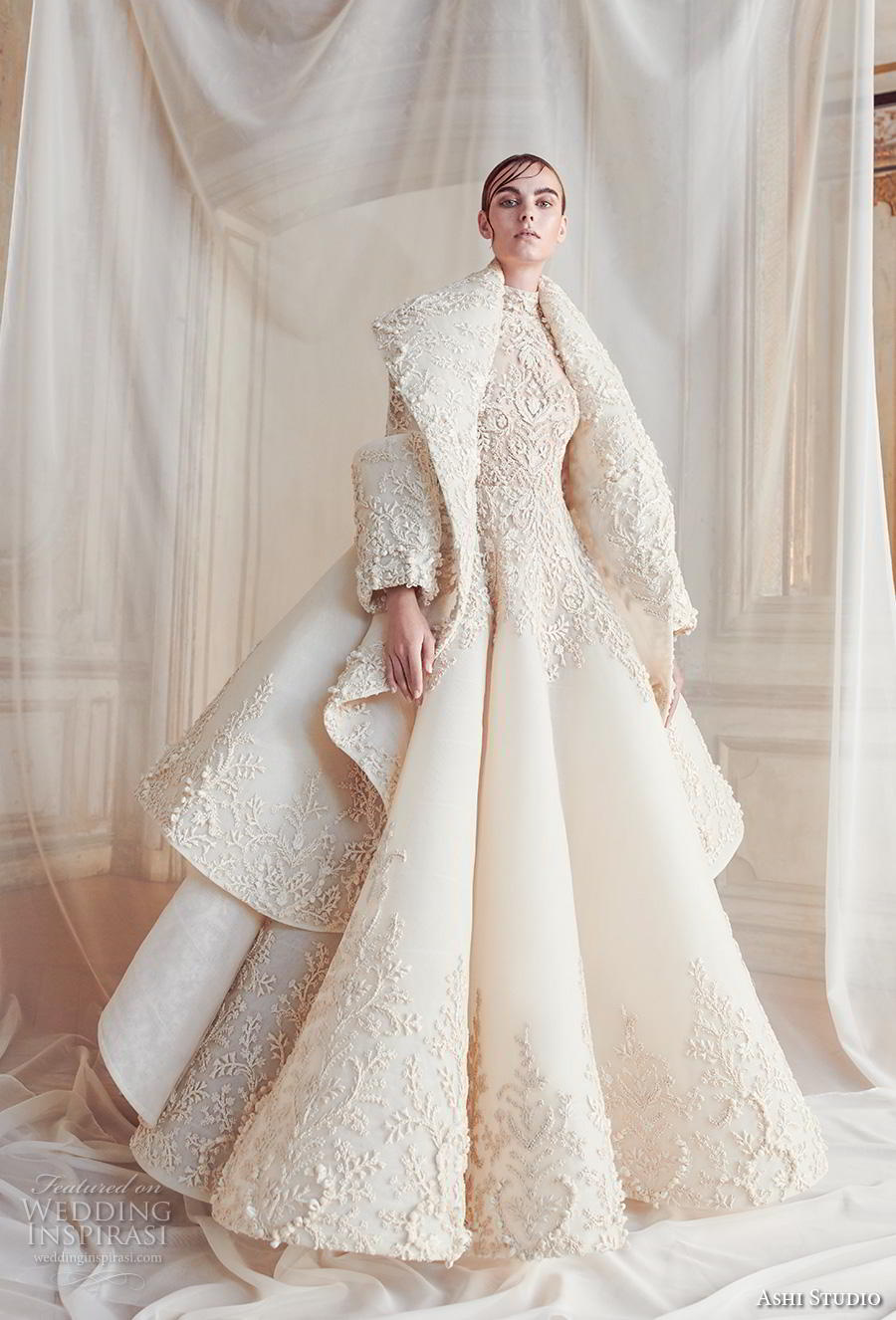 ashi studio fall winter 2019 bridal long sleeves high neck full embellishment glamorous a  line wedding dress with jacket sweep train (1) mv