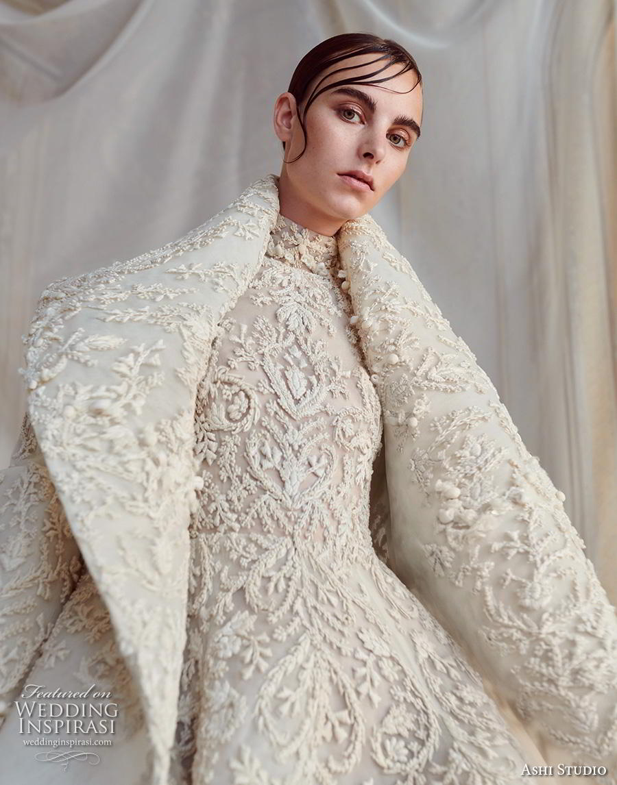 ashi studio fall winter 2019 bridal long sleeves high neck full embellishment glamorous a  line wedding dress with jacket sweep train (1) zv