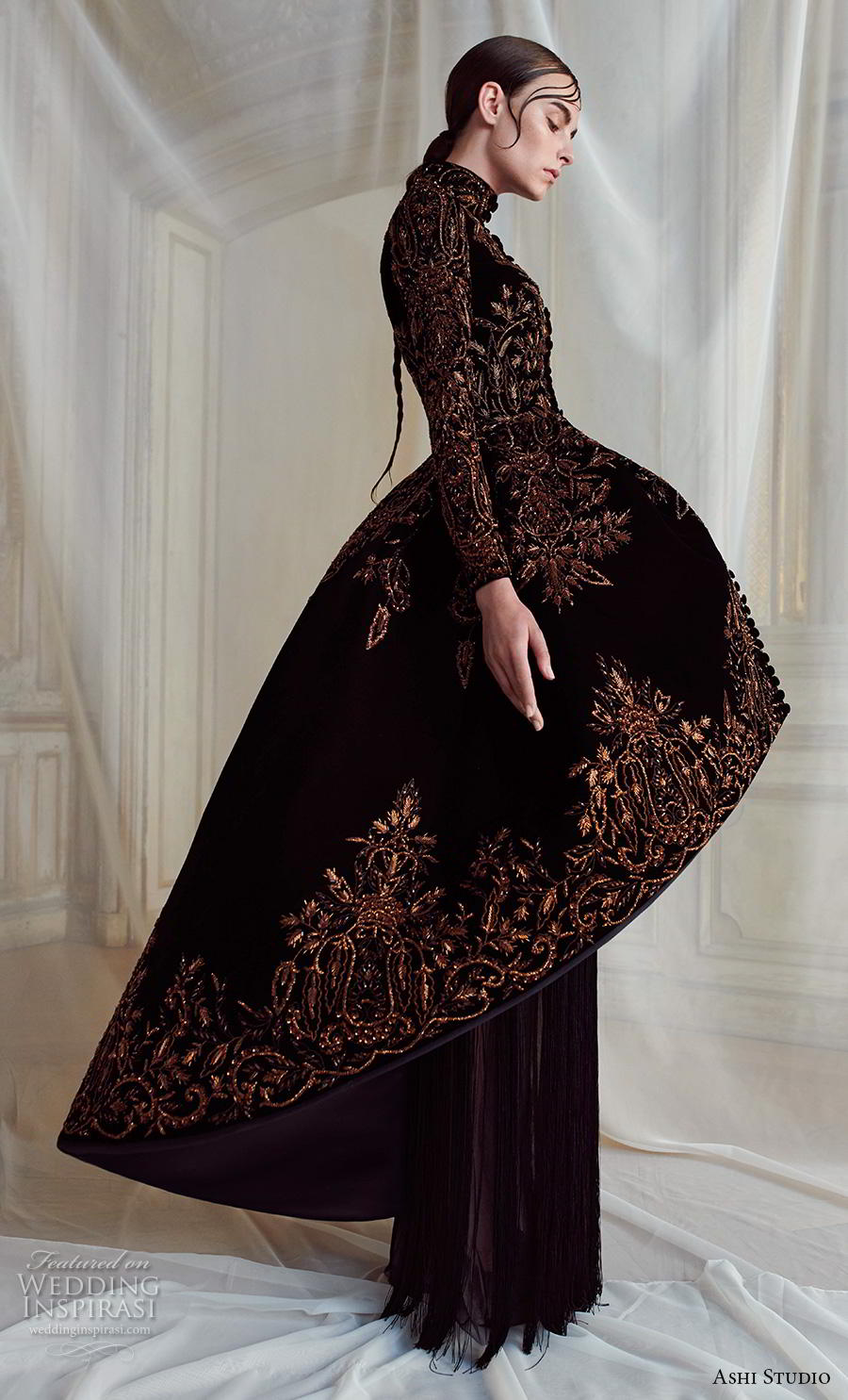 ashi studio fall winter 2019 bridal long sleeves high neck glamorous black dress 
