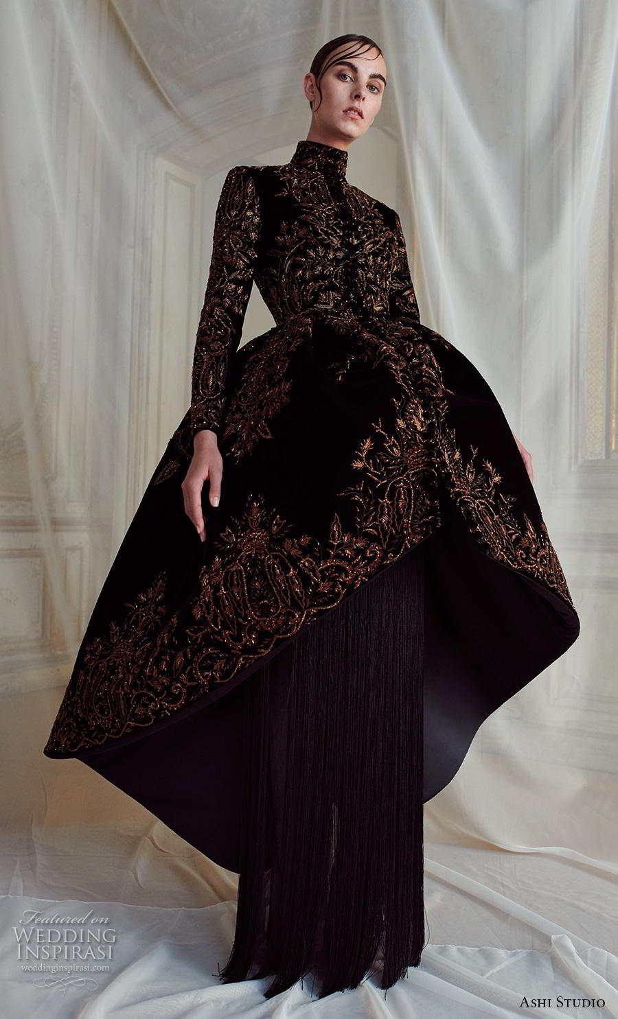 ashi studio fall winter 2019 bridal long sleeves high neck glamorous black dress