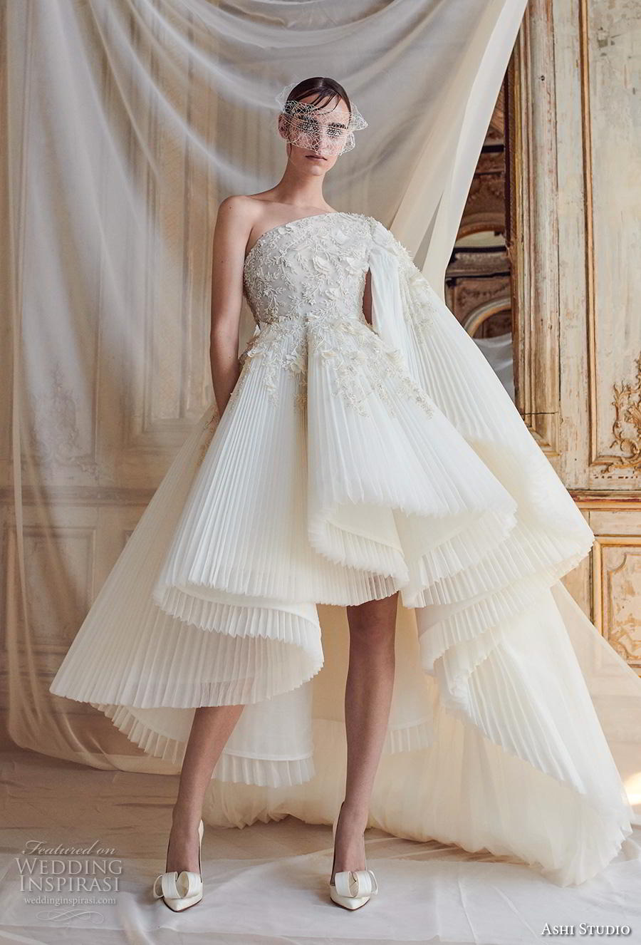 ashi studio fall winter 2019 bridal one shoulder heavily embellished bodice pleated skirt grecian glamorous short wedding dress (8) mv