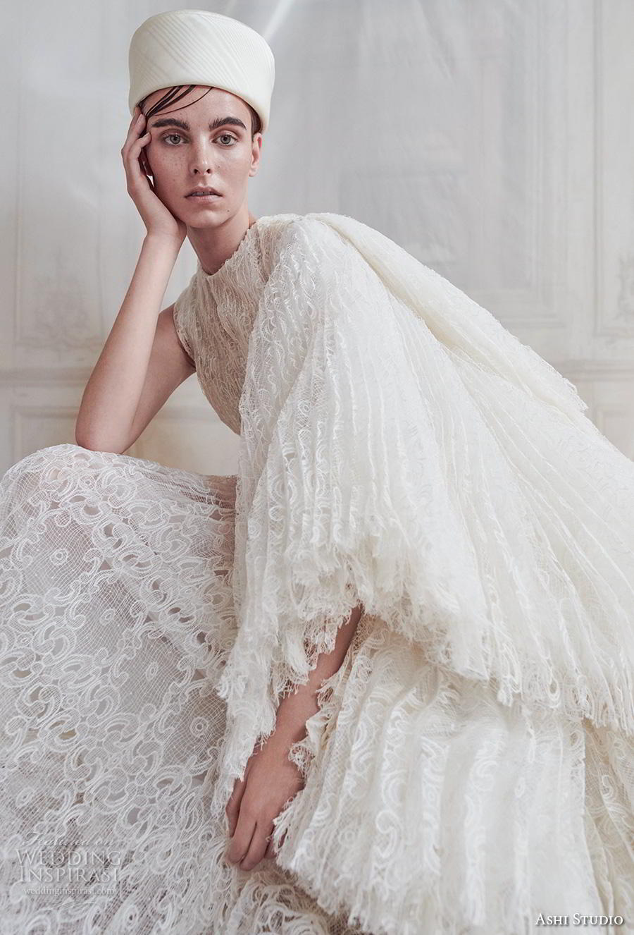 ashi studio fall winter 2019 bridal one shoulder long kimono sleeves jewel neck full embellishment modern a  line wedding dress sweep train (9) zv