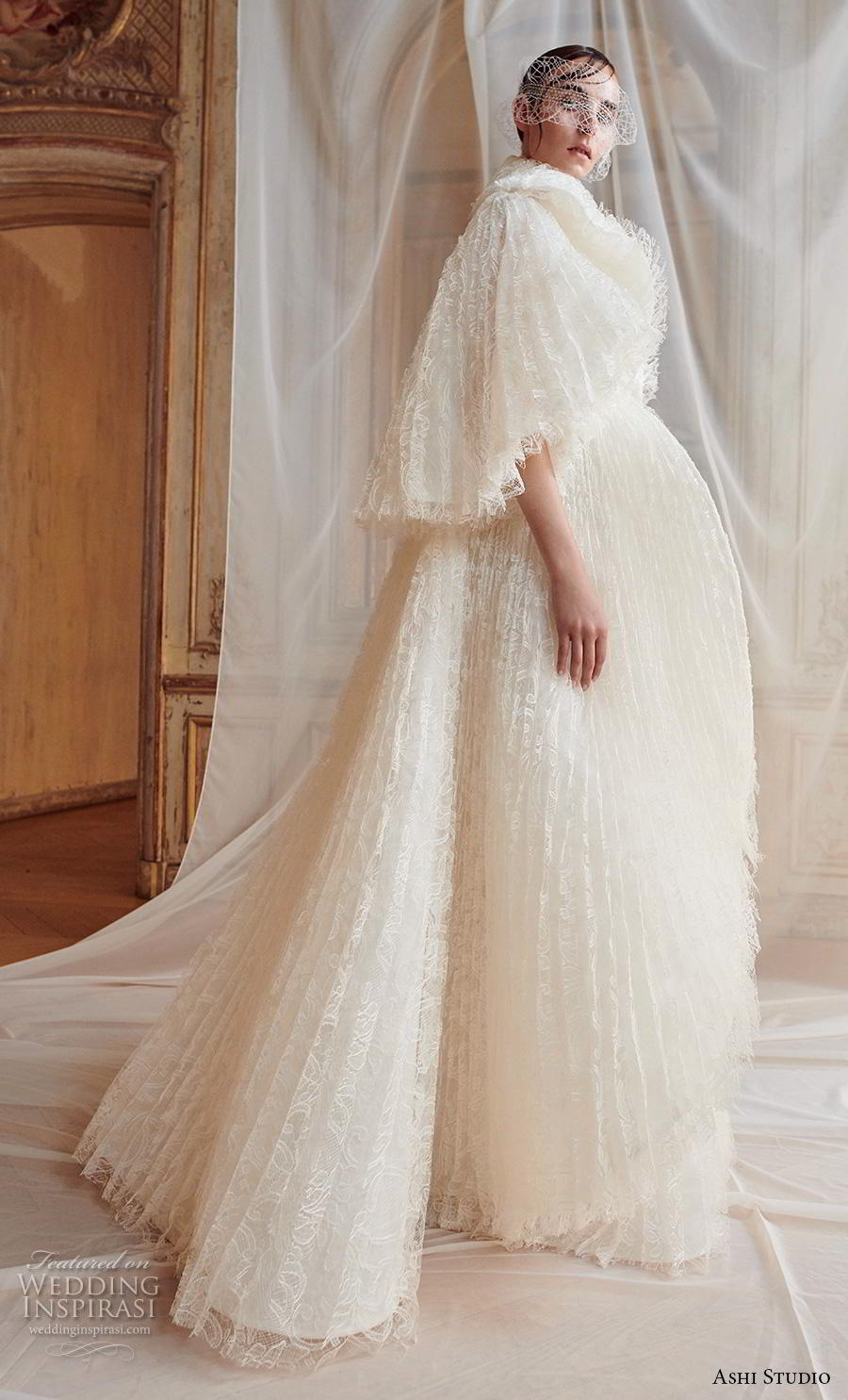 ashi studio fall winter 2019 bridal short flare sleeves big lapel straight across neckline full embellishment modern a  line wedding dress sweep train (10) mv