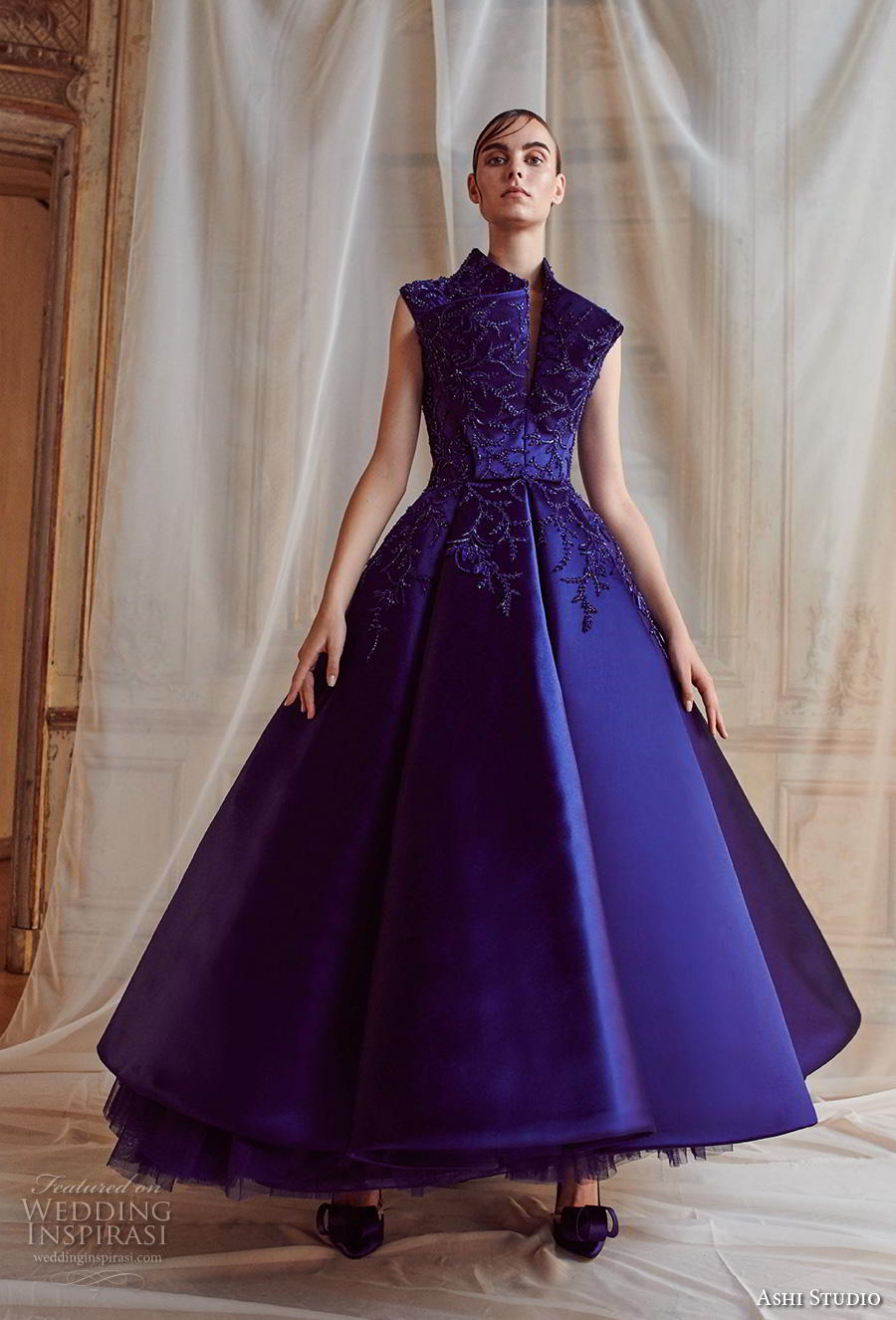 ashi studio fall winter 2019 bridal sleeveless high neck heavily embellished bodice romantic opulent blue purple tea length short wedding dress (14) mv