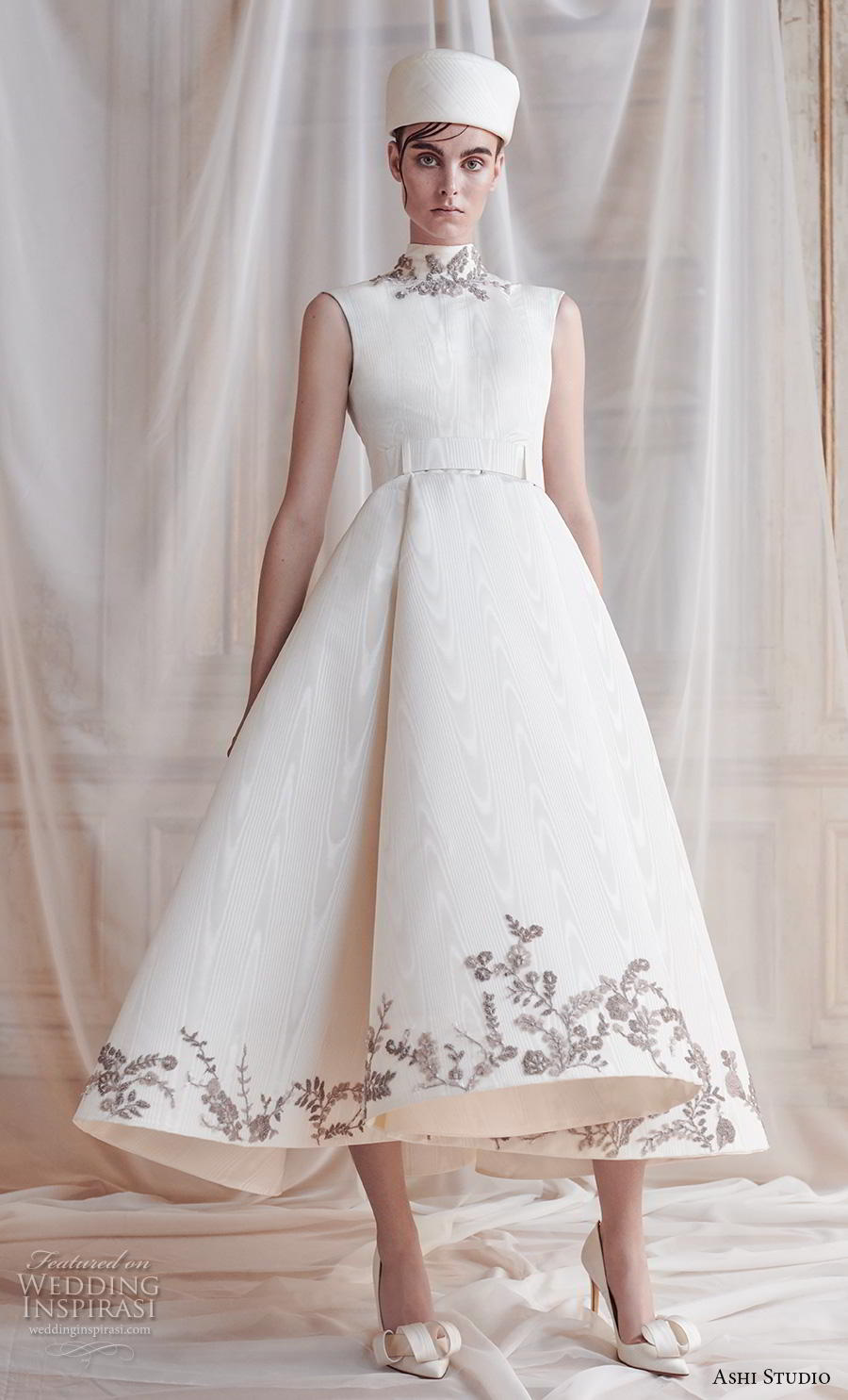 ashi studio fall winter 2019 bridal sleeveless high neck simple heavily embellished hem elegant tea length short wedding dress (6) mv