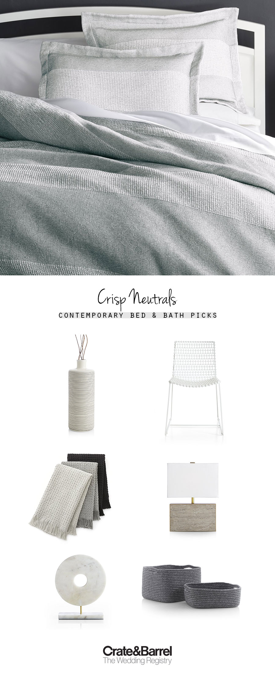 crate and barrel the wedding registry grey gray bed bathroom