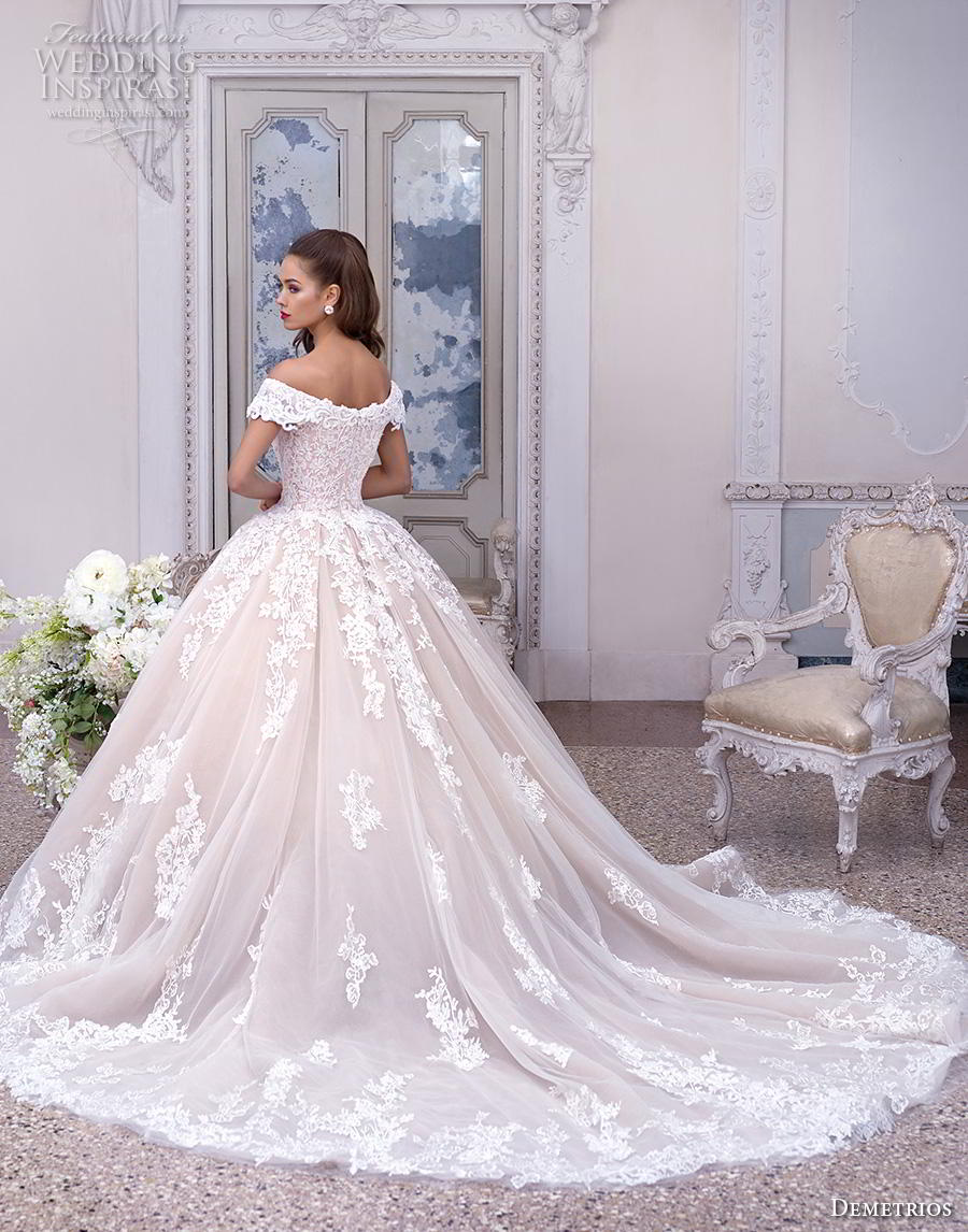 demetrios 2019 bridal cap sleeves off the shoulder v neck heavily embellished bodice hem blush princess ball gown a  line wedding dress chapel train (2) bv