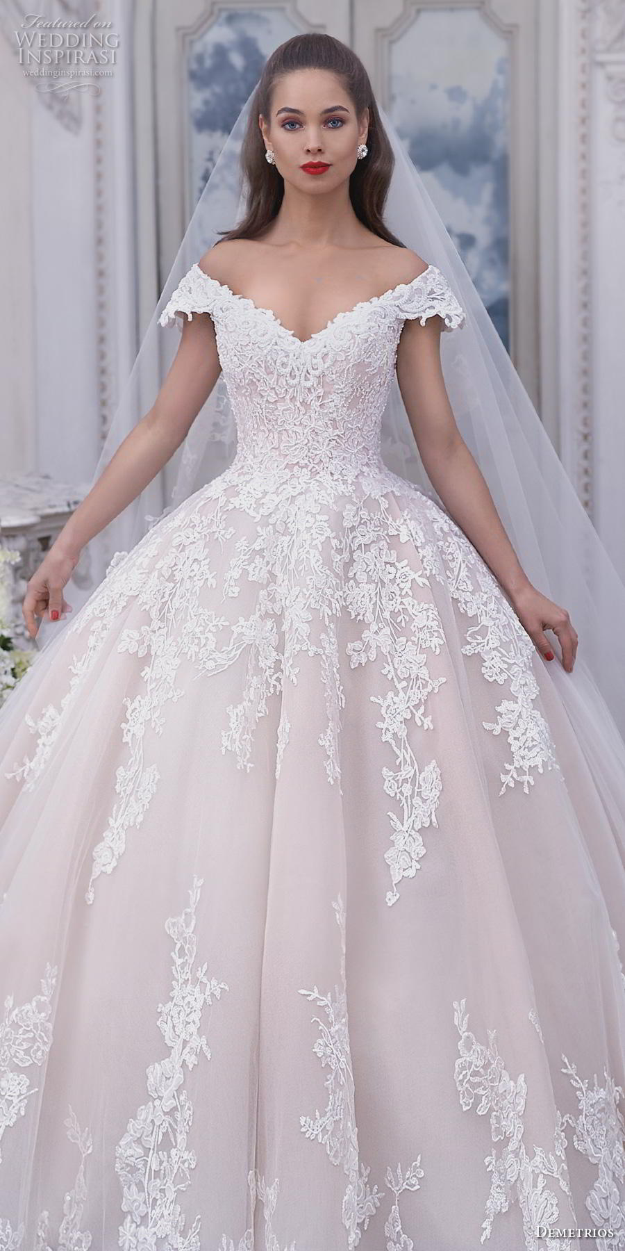 demetrios 2019 bridal cap sleeves off the shoulder v neck heavily embellished bodice hem blush princess ball gown a  line wedding dress chapel train (2) lv