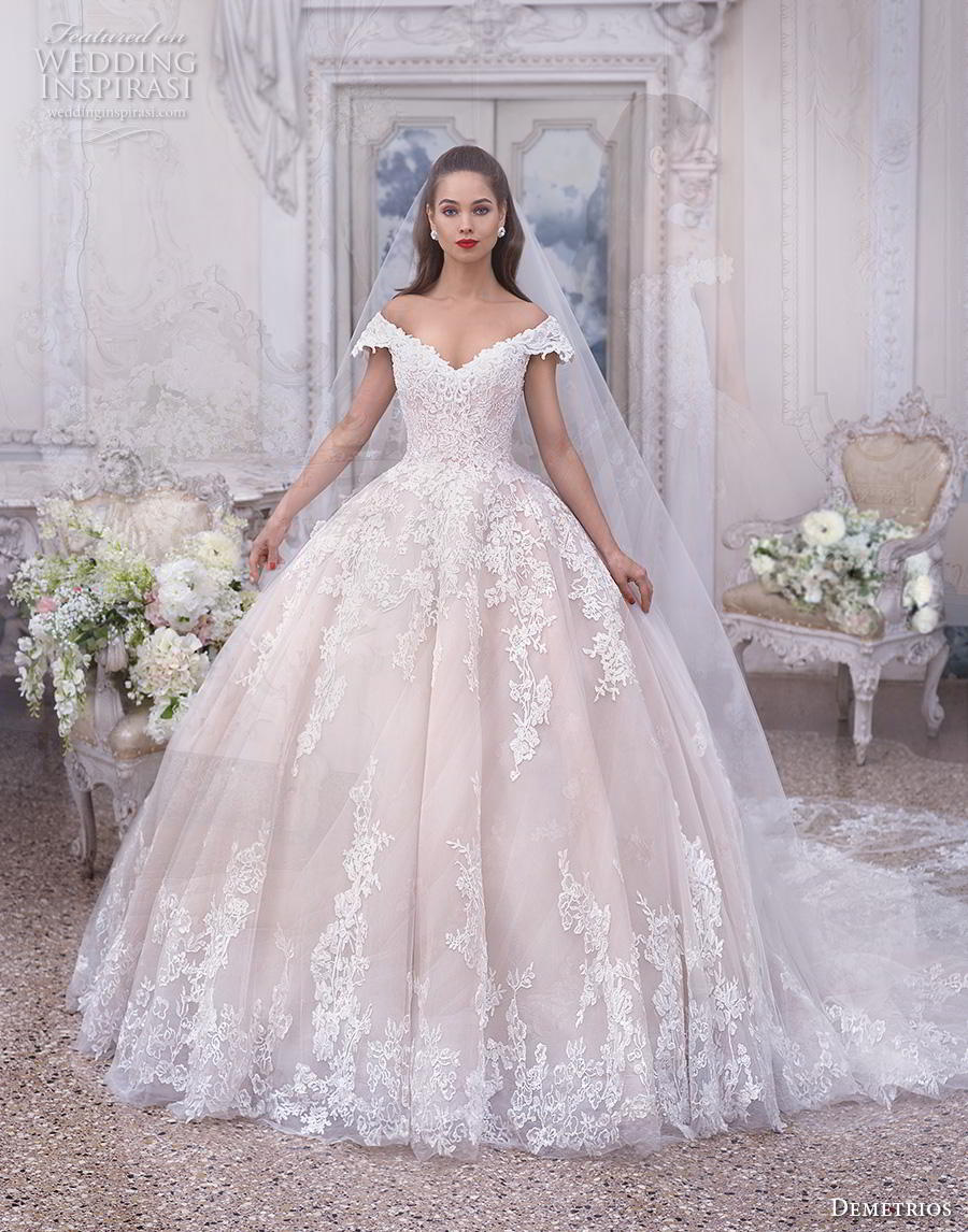 demetrios 2019 bridal cap sleeves off the shoulder v neck heavily embellished bodice hem blush princess ball gown a  line wedding dress chapel train (2) mv