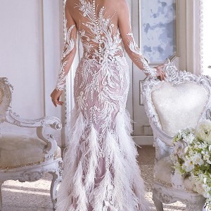 demetrios 2019 bridal long sleeves sweetheart neckline full embellishment feathers hem drop waist a  line wedding dress embellished back sweep train (19) bv