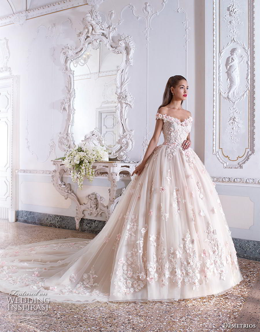 demetrios 2019 bridal off the shoulder sweetheart neckline full embellishment romantic princess pink ball gown a  line wedding dress chapel train (1) mv