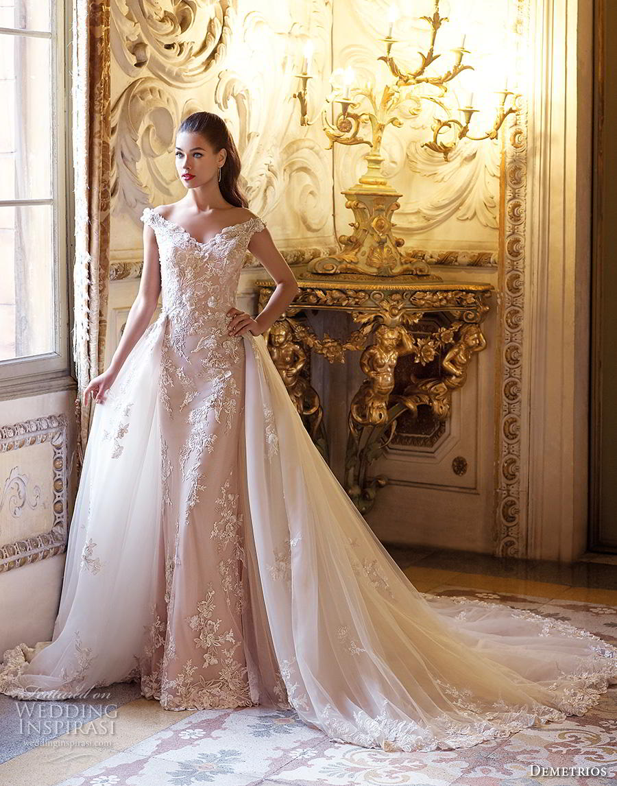 demetrios 2019 bridal off the shoulder v neck full embellishment elegant fit and flare wedding dress a line overskirt sheer lace back chapel train (6) mv demetrios 2019 bridal off the shoulder v neck full embellishment elegant fit and flare wedding dress a line overskirt sheer lace back chapel train (6) mv