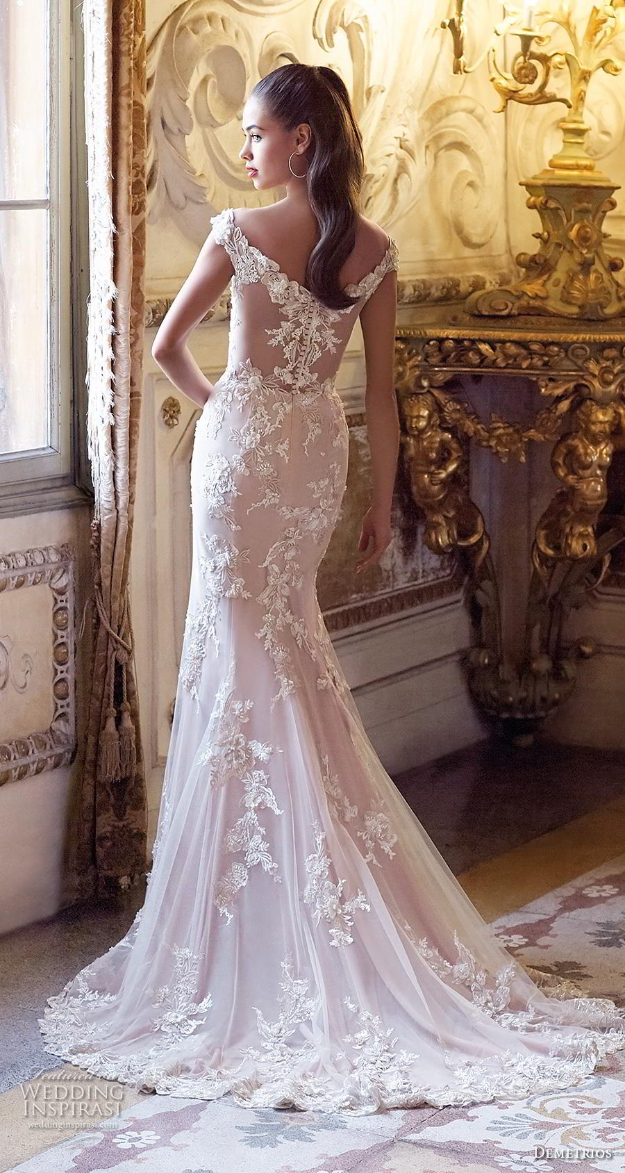 demetrios 2019 bridal off the shoulder v neck full embellishment elegant fit and flare wedding dress sheer lace back medium train (6) bv