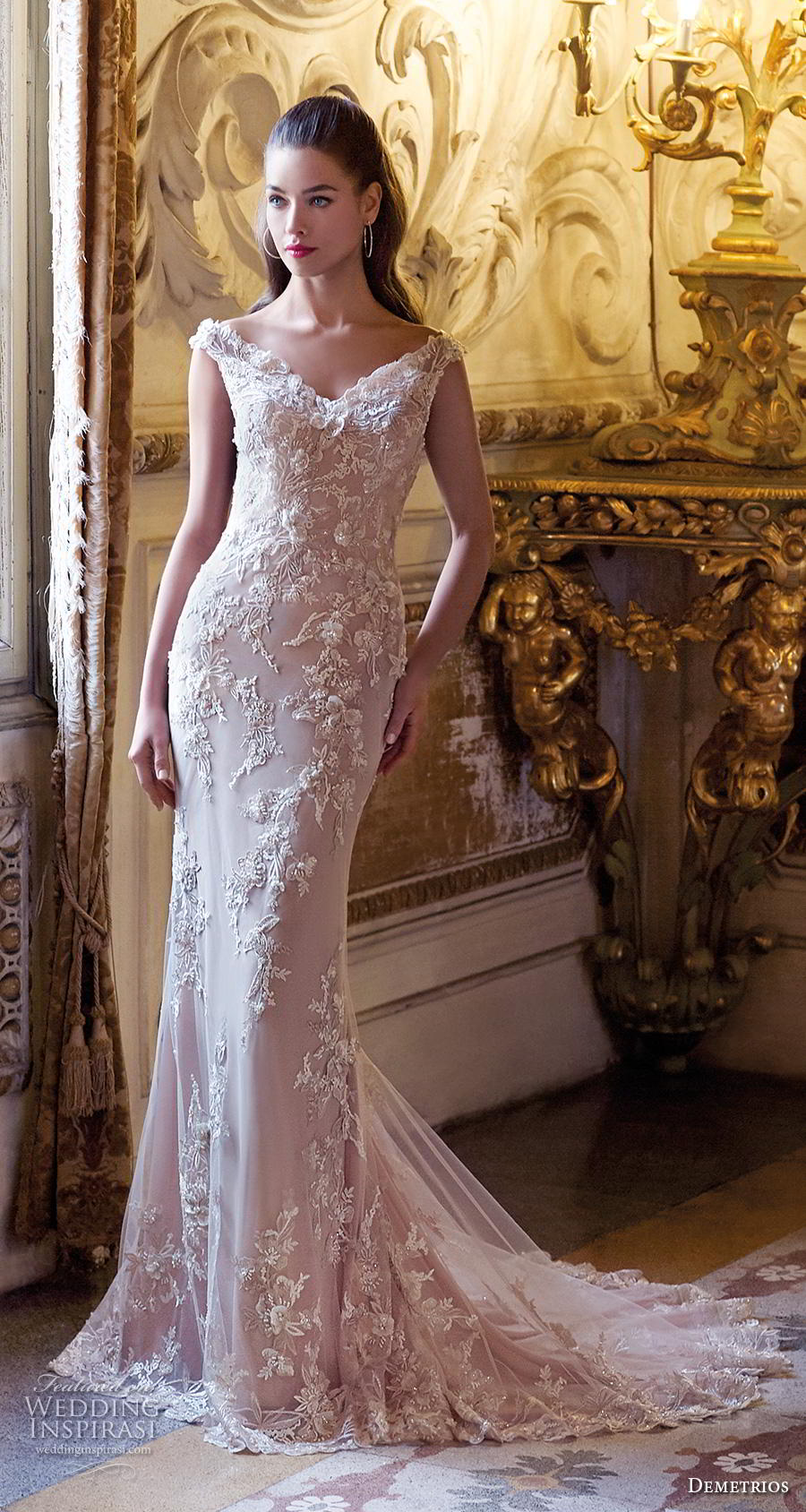 demetrios 2019 bridal off the shoulder v neck full embellishment elegant fit and flare wedding dress sheer lace back medium train (6) mv