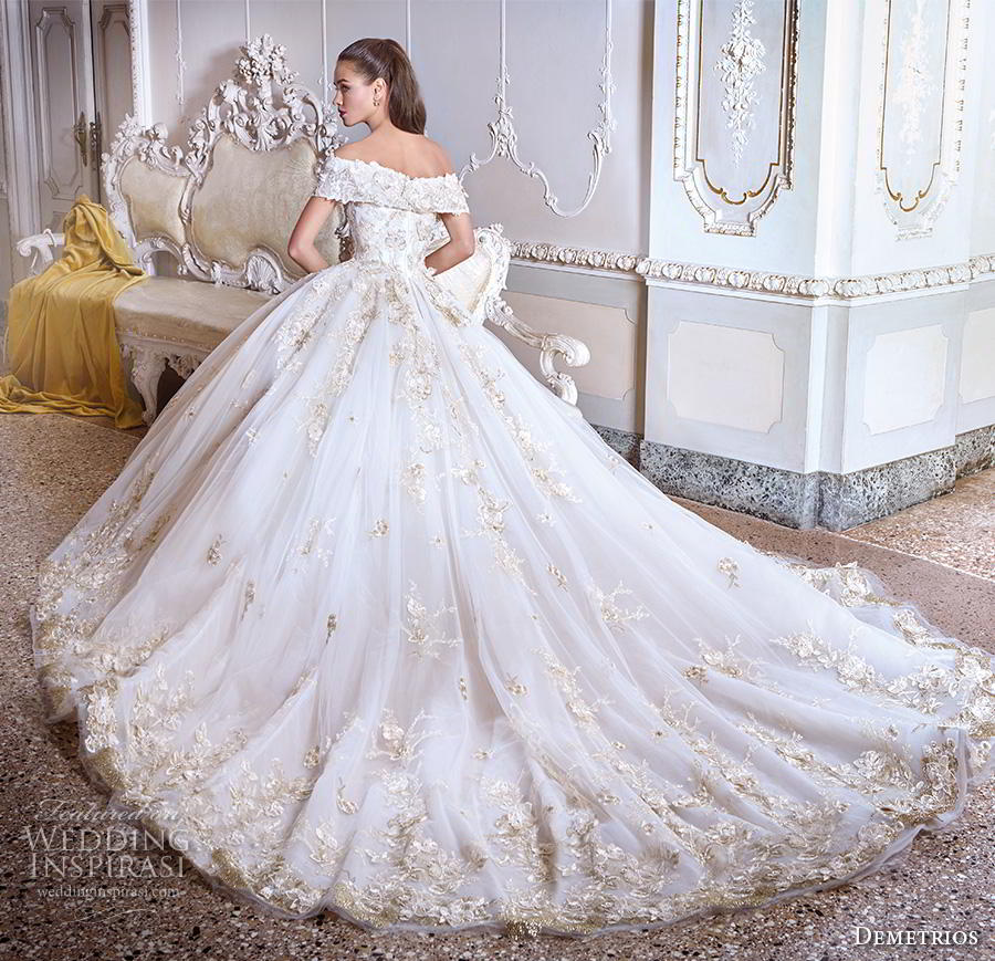 demetrios 2019 bridal off the shoulder v neck heavily embellished bodice hem gltizy princess ball gown a  line wedding dress royal train (13) bv