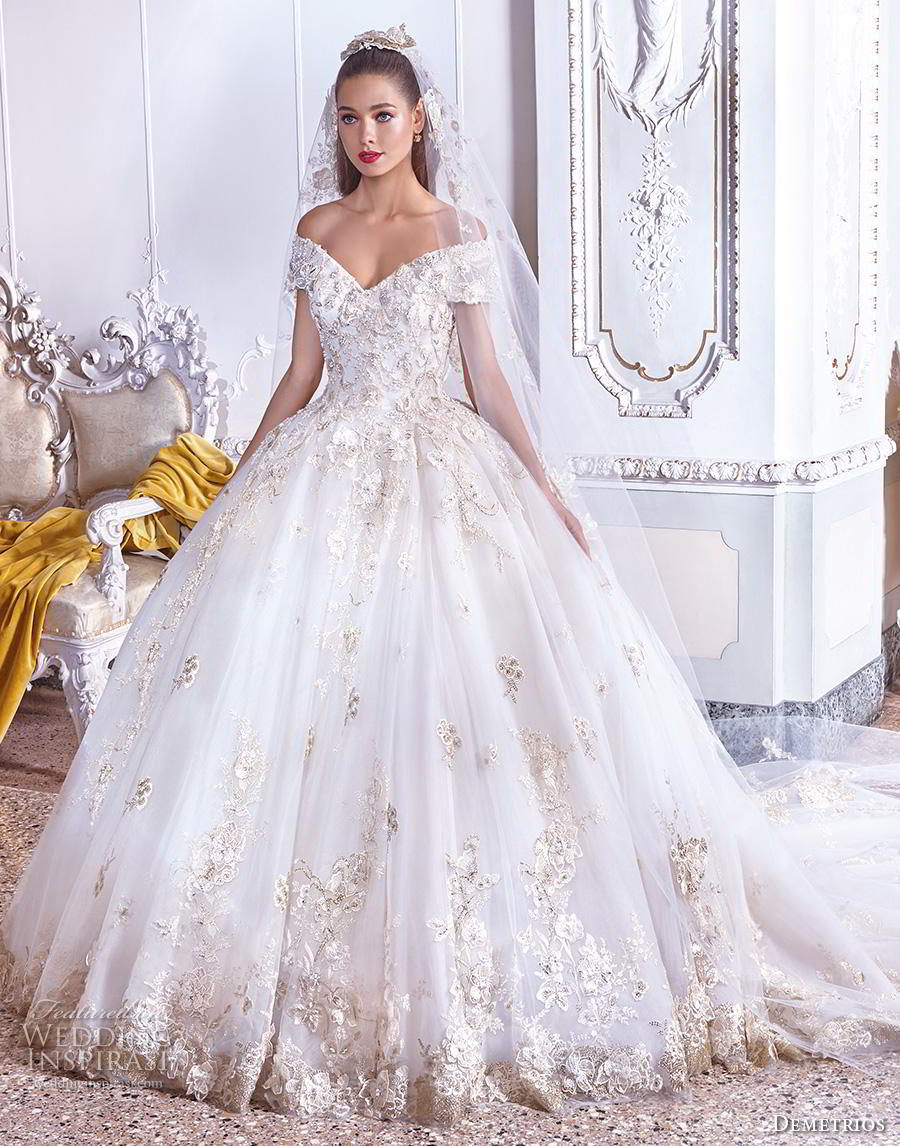 demetrios 2019 bridal off the shoulder v neck heavily embellished bodice hem gltizy princess ball gown a  line wedding dress royal train (13) mv