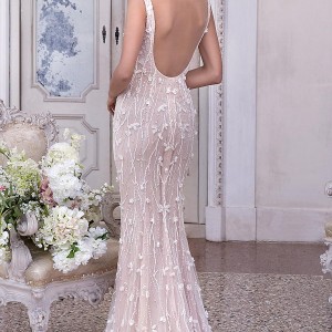 demetrios 2019 bridal sleeveless deep plunging v neck full emebllishment glamorous elegant sheath fit and flare wedding dress backless sccop back medium train (16) bv